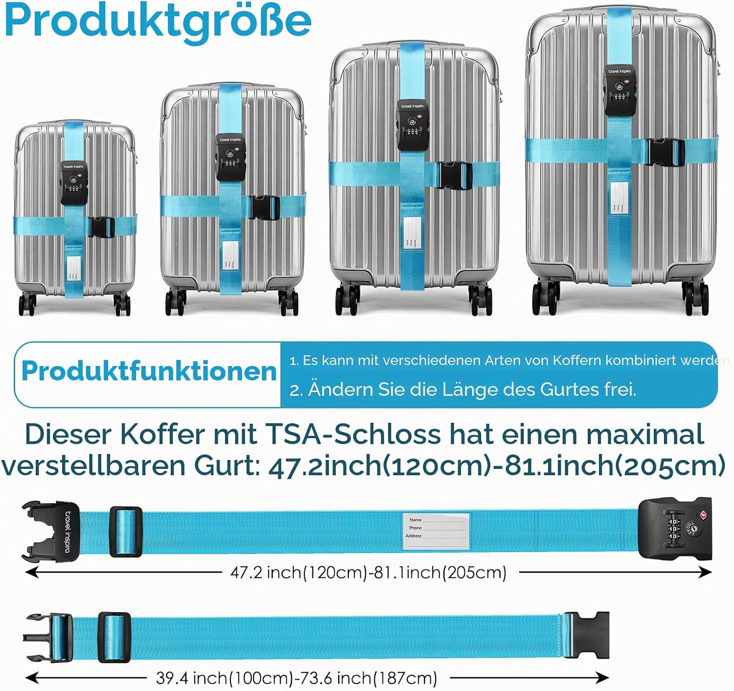 Thumbnail 3 de travel inspira TSA Koffergurt mit Namensschild, Kreuzbefestigung, 20–34 Zoll, Leuchtblau