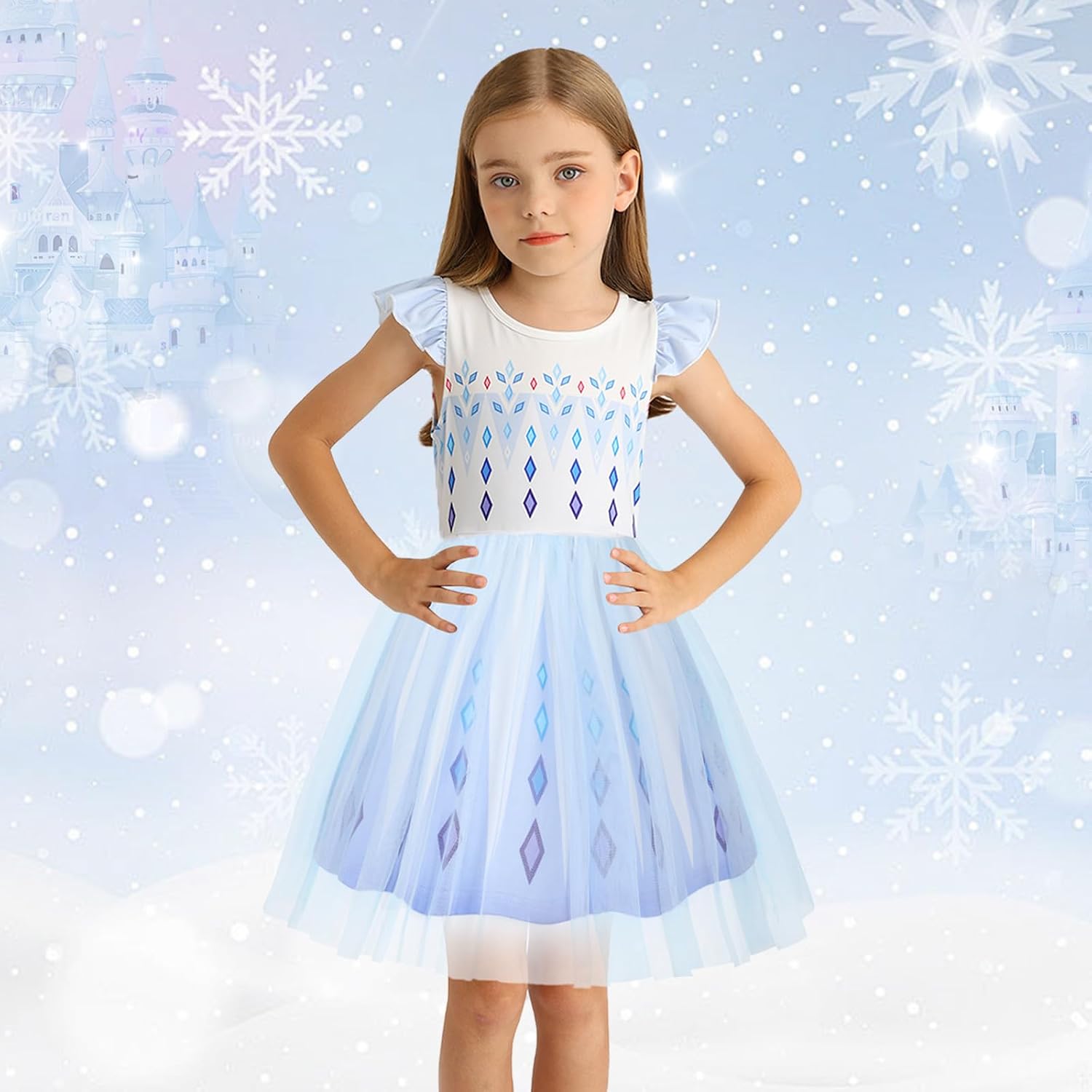 Detalle de HenzWorld Princess A-line Tulle Dress for Girls, Flutter Sleeves