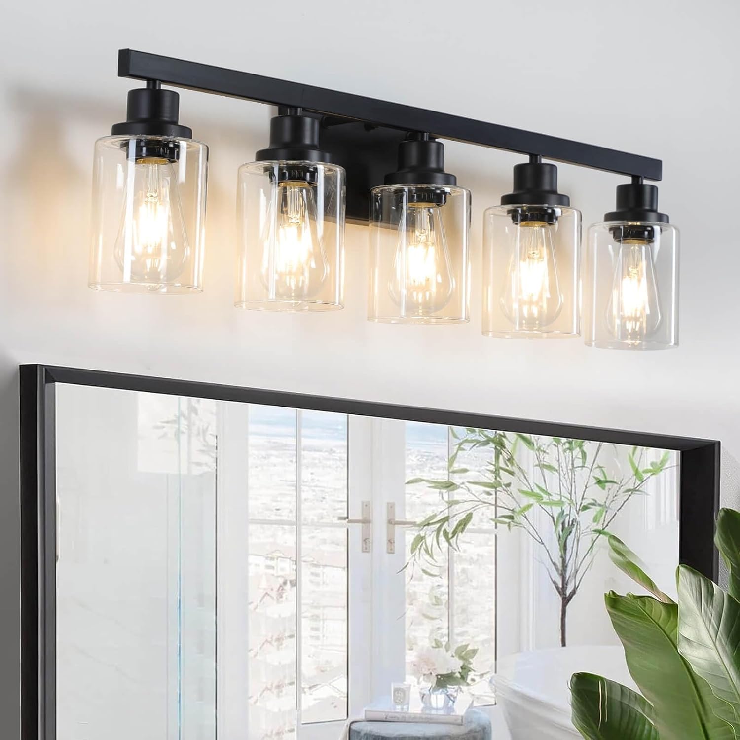 Detalle de DIKAIDA 5-Light Black Bathroom Vanity Light with Clear Glass Shades