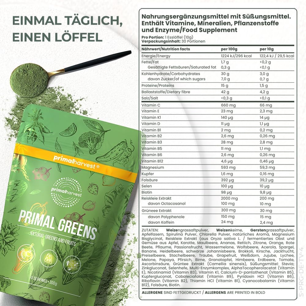 Detalle 2 de Primal Harvest Super Greens Pulver 30 Portionen 🥤