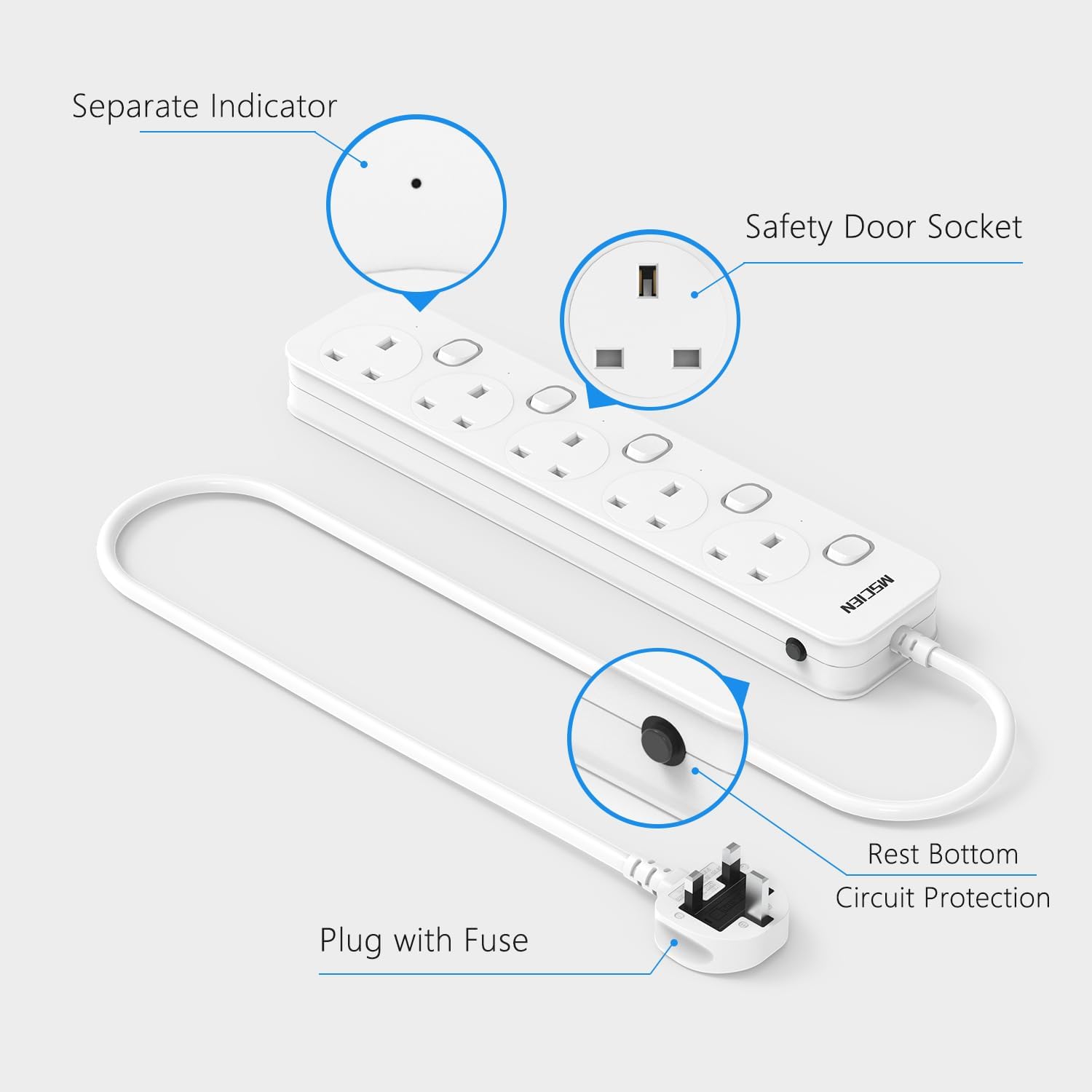 Thumbnail 1 de Mscien 4M 5-Way Extension Lead with Individual Switches, Surge/Overload Protection (13A, 3250W) – Wall-mountable
