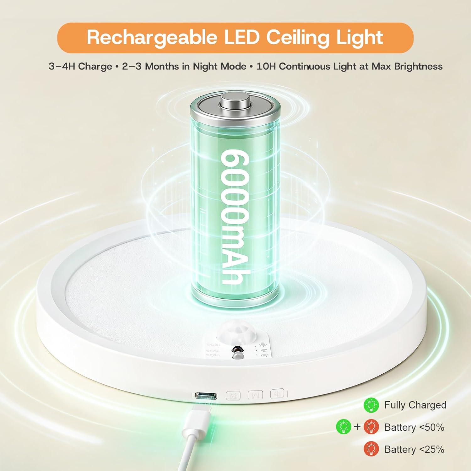 Detalle de Akku Deckenlampe mit Bewegungsmelder Innen (6000 mAh) – dimmbar, 3 Modi & Fernbedienung, ohne Stromanschluss