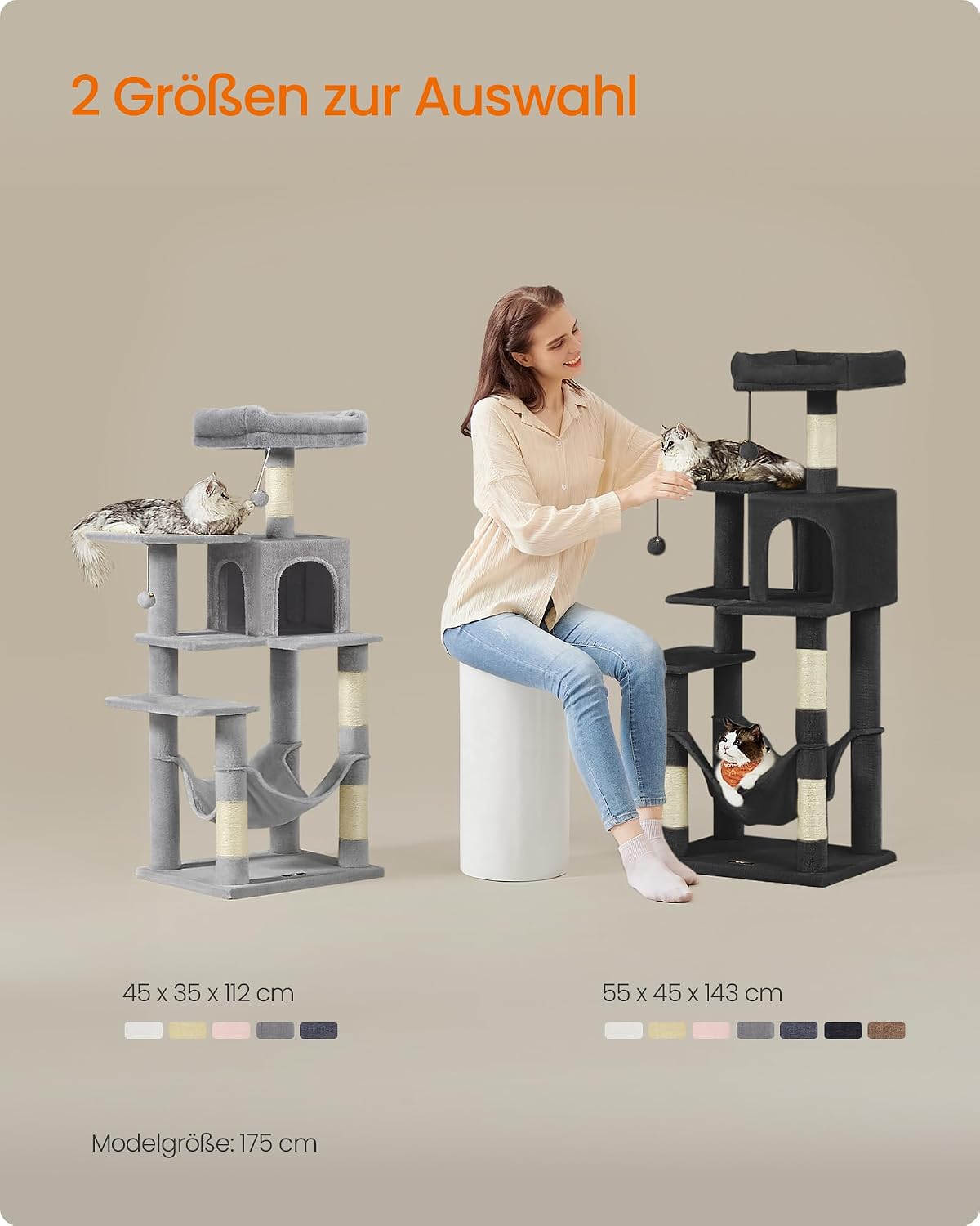Thumbnail 6 de Feandrea Kratzbaum, 143 cm hoch – vielseitiges Katzenhaus mit zwei Plattformen, Höhle und Hängematte