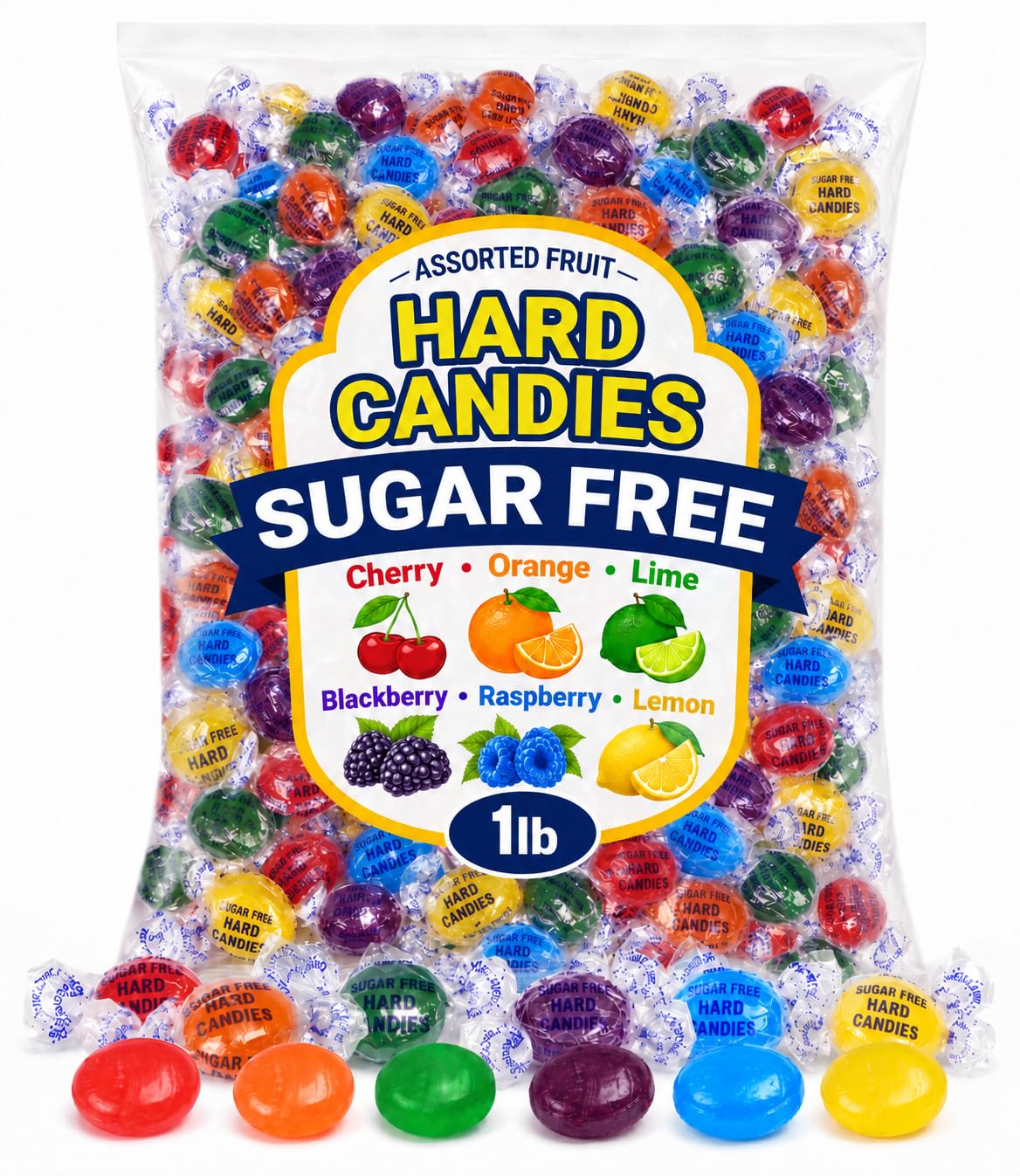 Detalle de ONE CANDY WAY Sugar Free Hard Candy Assortment, 1 lb Bag, 75 Individually Wrapped Pieces