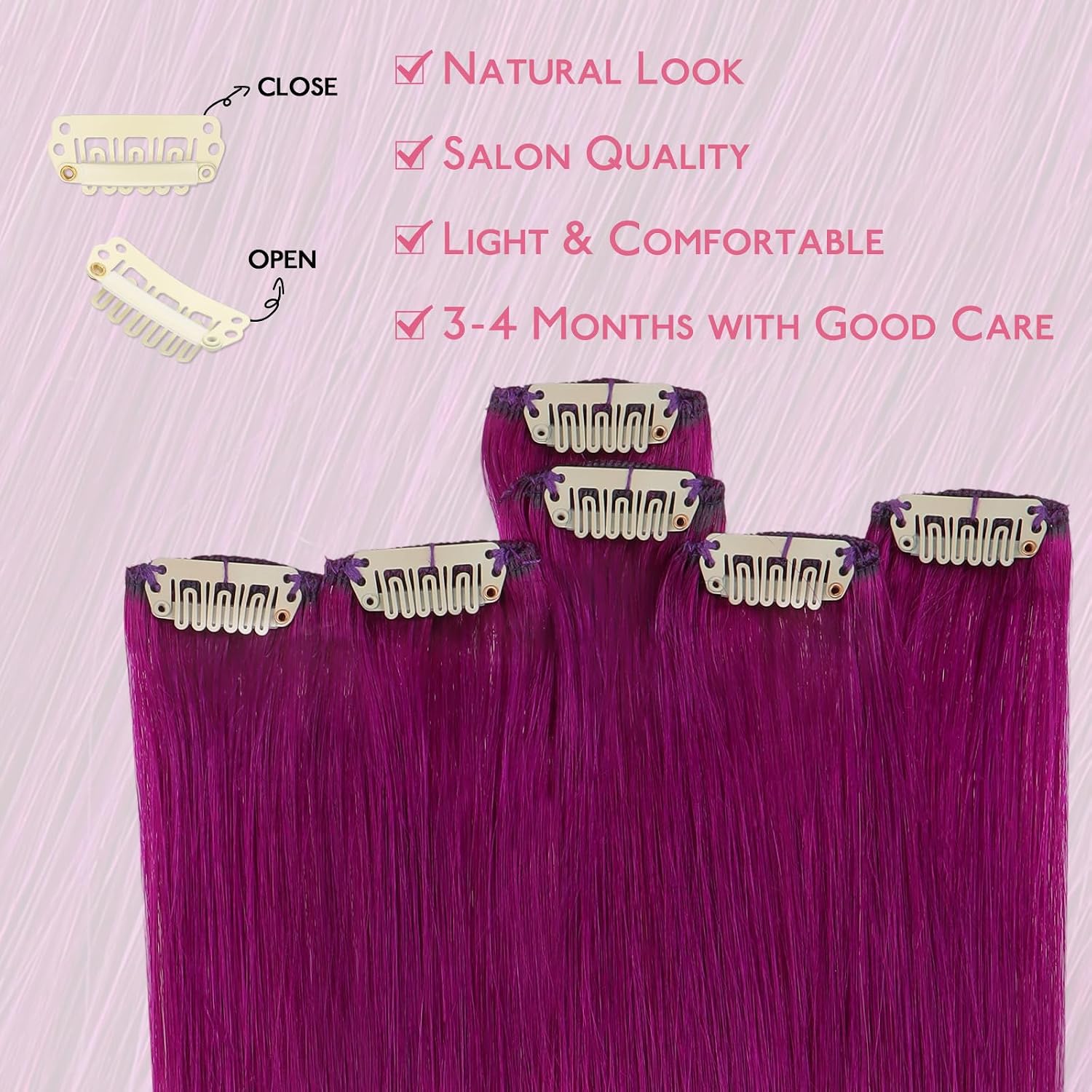Detalle 2 de WENNALIFE Violett Clip-in Extensions Echthaar (50 cm, 6 Stück/30 g) – Remy-Haar mit Clip-Technik