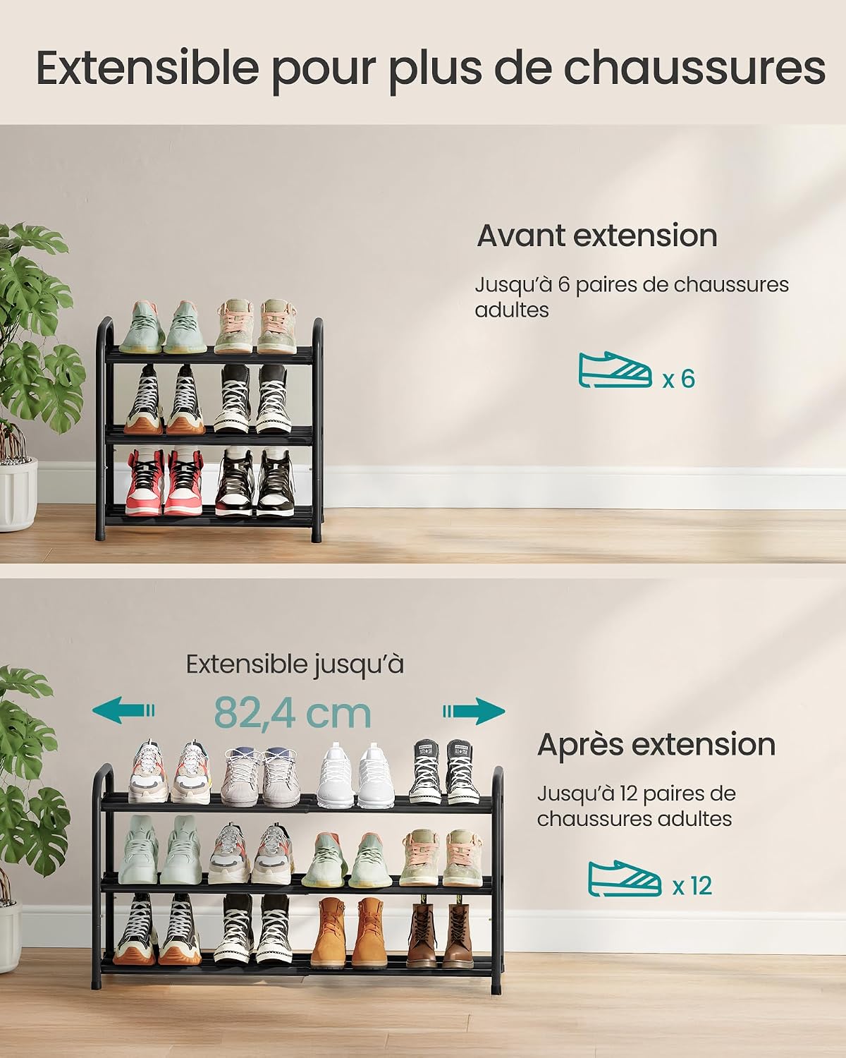 Detalle de SONGMICS Étagère à Chaussures Extensible, 3 Niveaux – Noir d'encre (LMR036BD01)