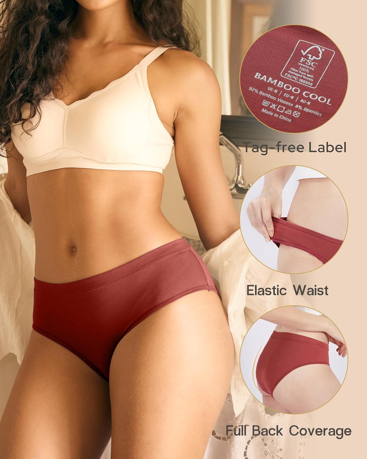 Detalle de BAMBOO COOL Women's Mid-Waist Briefs, 5-Pack, Bamboo Viscose Blend