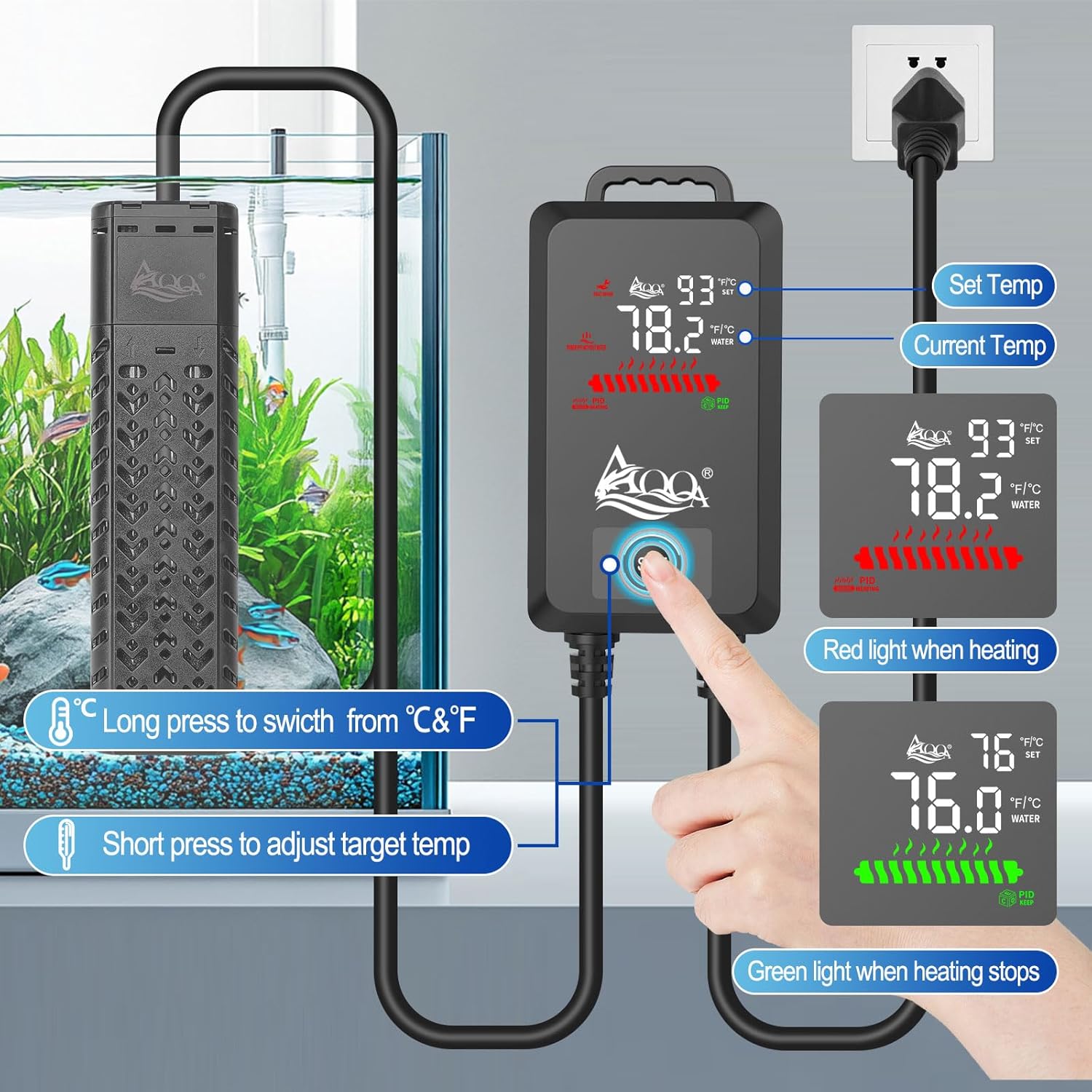 Detalle de AQQA 800W Submersible Aquarium Heater with LED Thermostat Controller