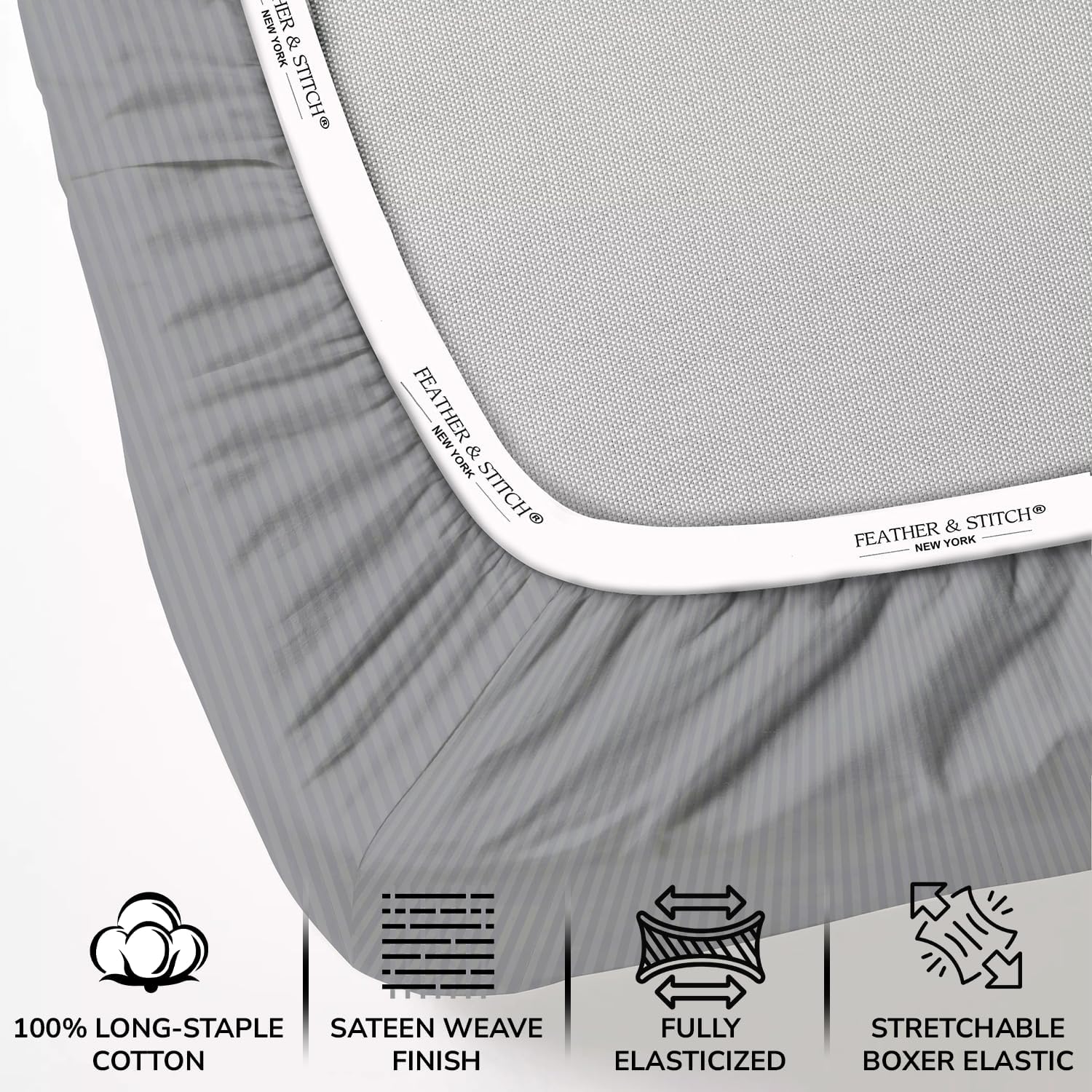 Thumbnail 2 de Feather & Stitch 500 TC King Size Damask Bed Sheet Set (Grey Stripe) — 100% Cotton Sateen, 18" Deep Pockets