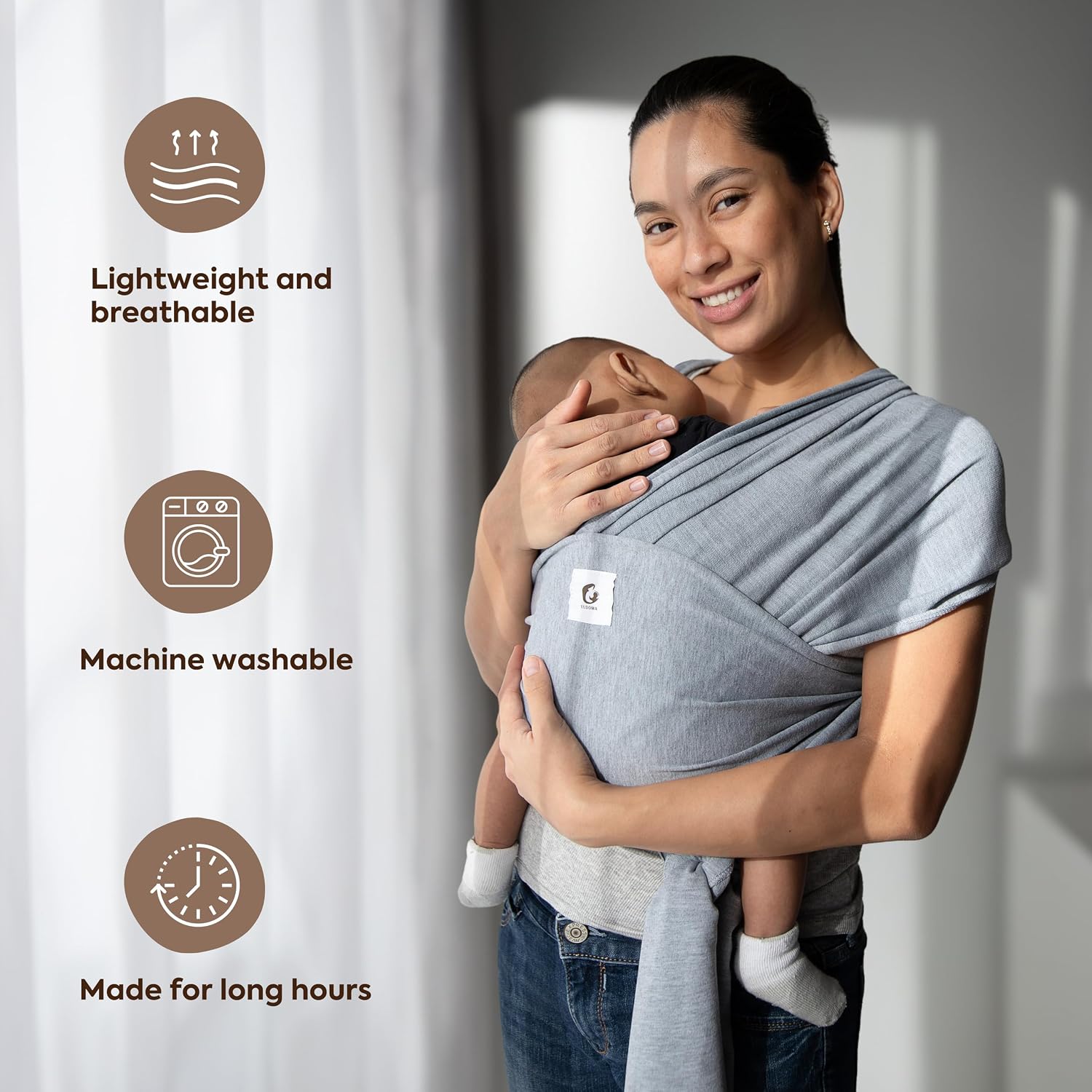 Detalle de ELDOMA Baby Wrap Carrier (Classic Grey) – Lightweight, breathable hands-free baby sling