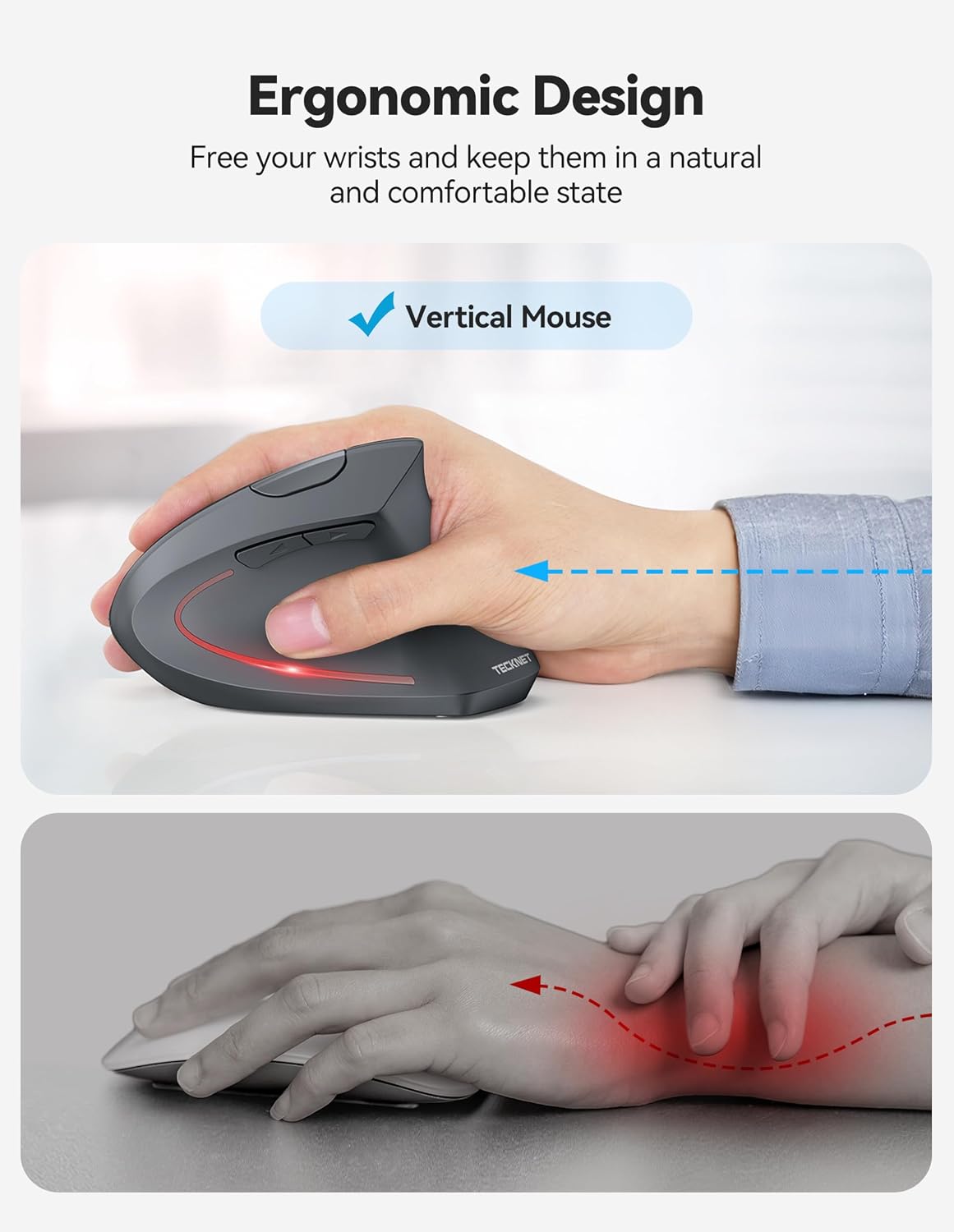 Detalle de TECKNET Ergonomic Mouse: Wireless Right-Handed Vertical Mouse with BT/USB-A, 6-Button, 4800 DPI, Quiet Clicks