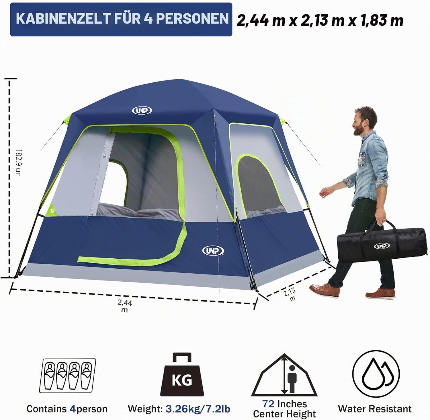 Detalle de UNP Campingzelt für 4–8 Personen – Einfacher Aufbau, wasserfest mit Regendach, Stehhöhe