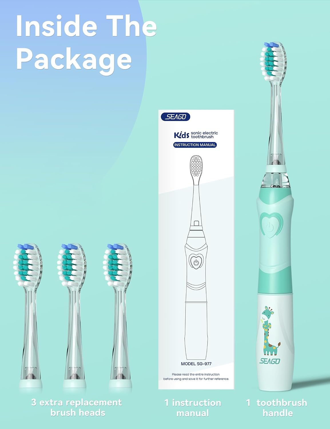 Detalle 2 de SEAGO SG-977 Kids Electric Toothbrush with Timer, Rainbow LED and 4 Heads