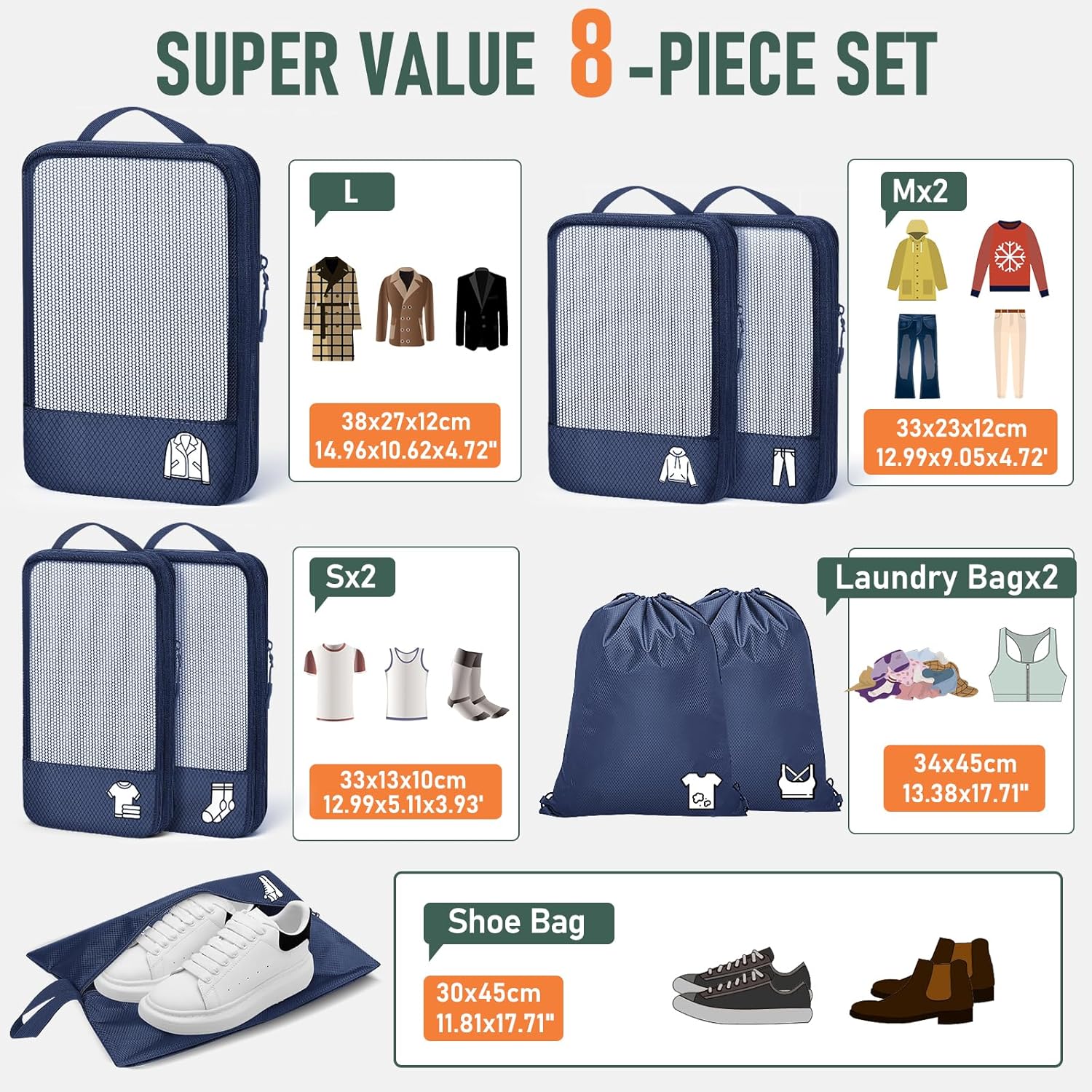 Detalle de Compression Packing Cubes for Suitcases, Ultralight 8‑Set (Blue)