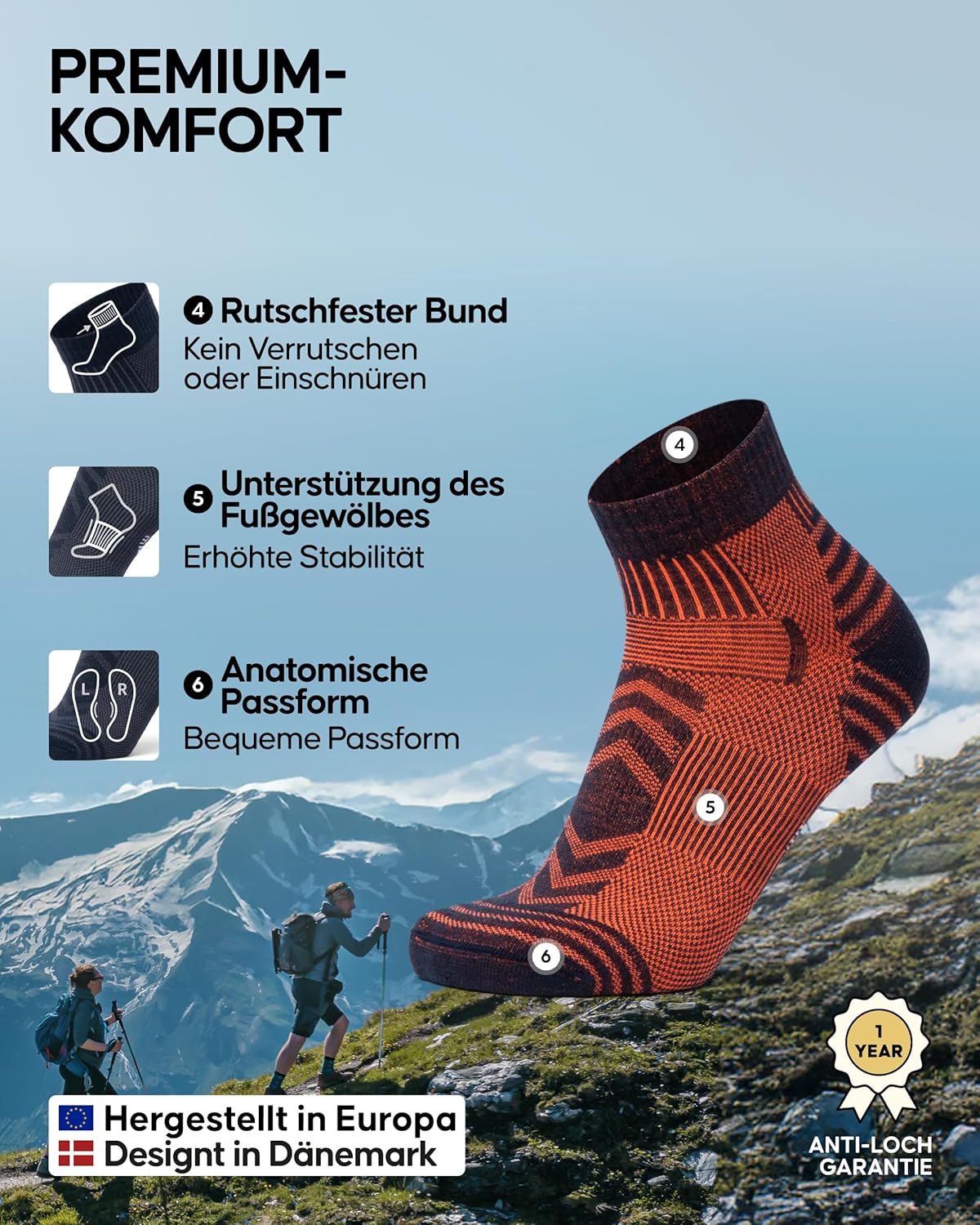 Thumbnail 2 de DANISH ENDURANCE Kurze Merino Wandersocken – 3 Paar, atmungsaktiv, anti-blanken & leicht gepolstert