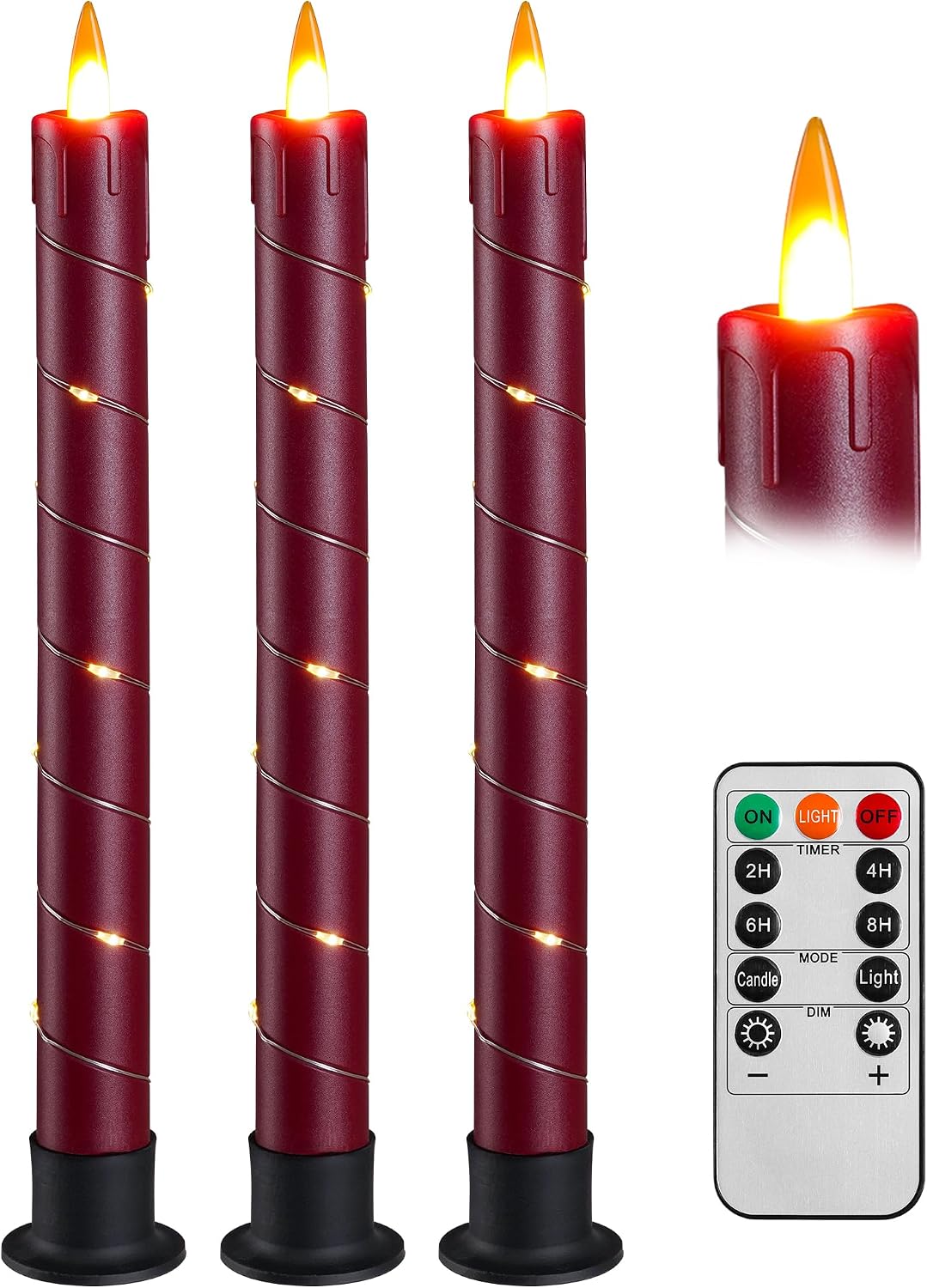Detalle de Da by 3 Pcs Flickering Flameless Battery Operated Taper Candle Red with Remote
