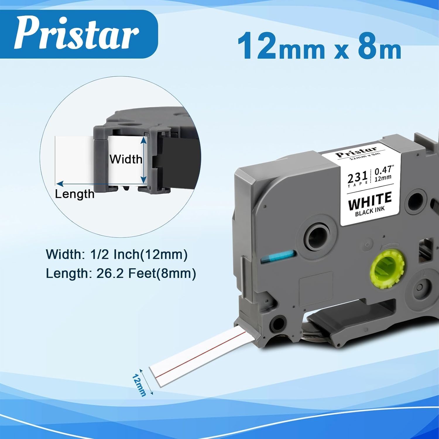 Detalle 2 de Pristar 3x Kompatibel: 12 mm TZe-231 Etikettenband für Brother P-Touch – Selbstklebend, robust, 8 m