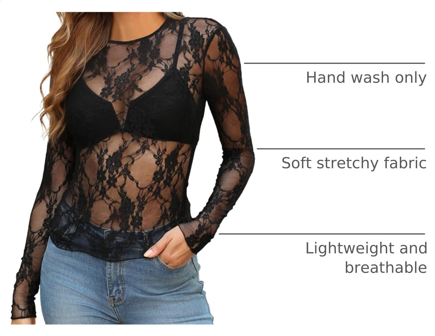 Detalle 2 de OFEEFAN Women's Floral Lace Mesh Top, Long Sleeve Sheer Crewneck