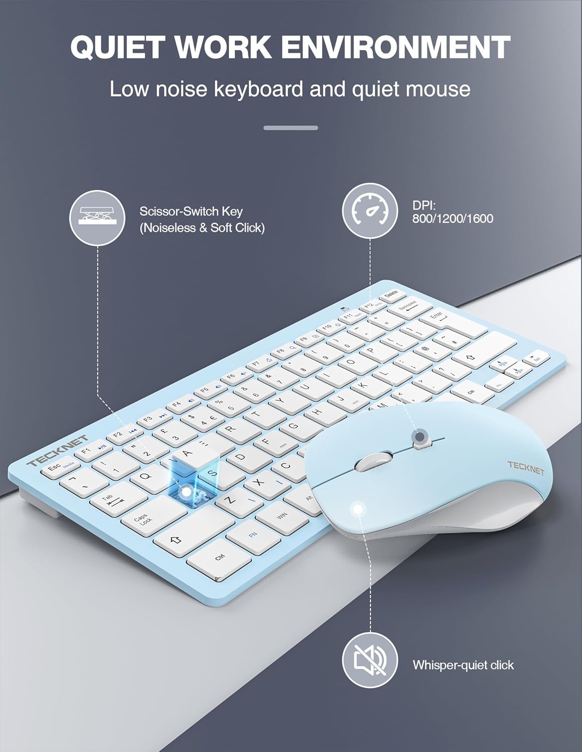 Thumbnail 3 de TECKNET Mini Wireless Keyboard and Mouse Set (2.4G) with Nano USB Receiver + Silent Mouse, Blue