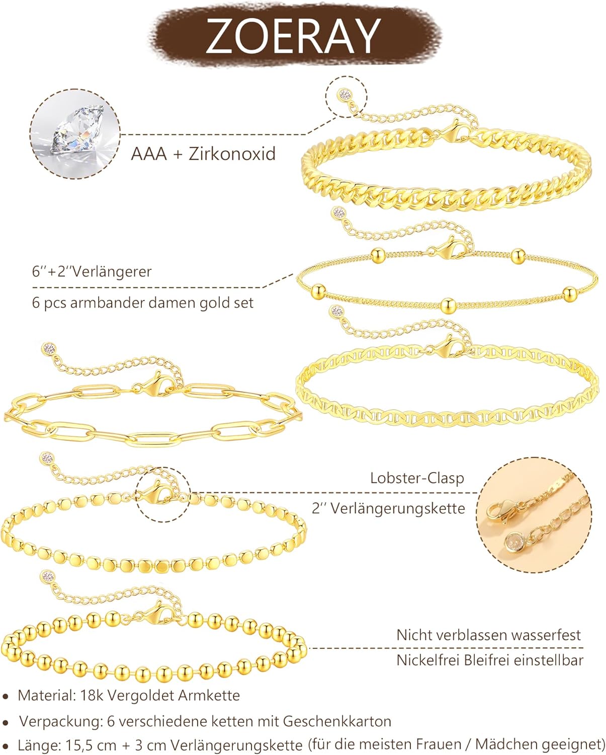 Detalle 1 de ZOERAY Armband Set für Damen, 18K vergoldet
