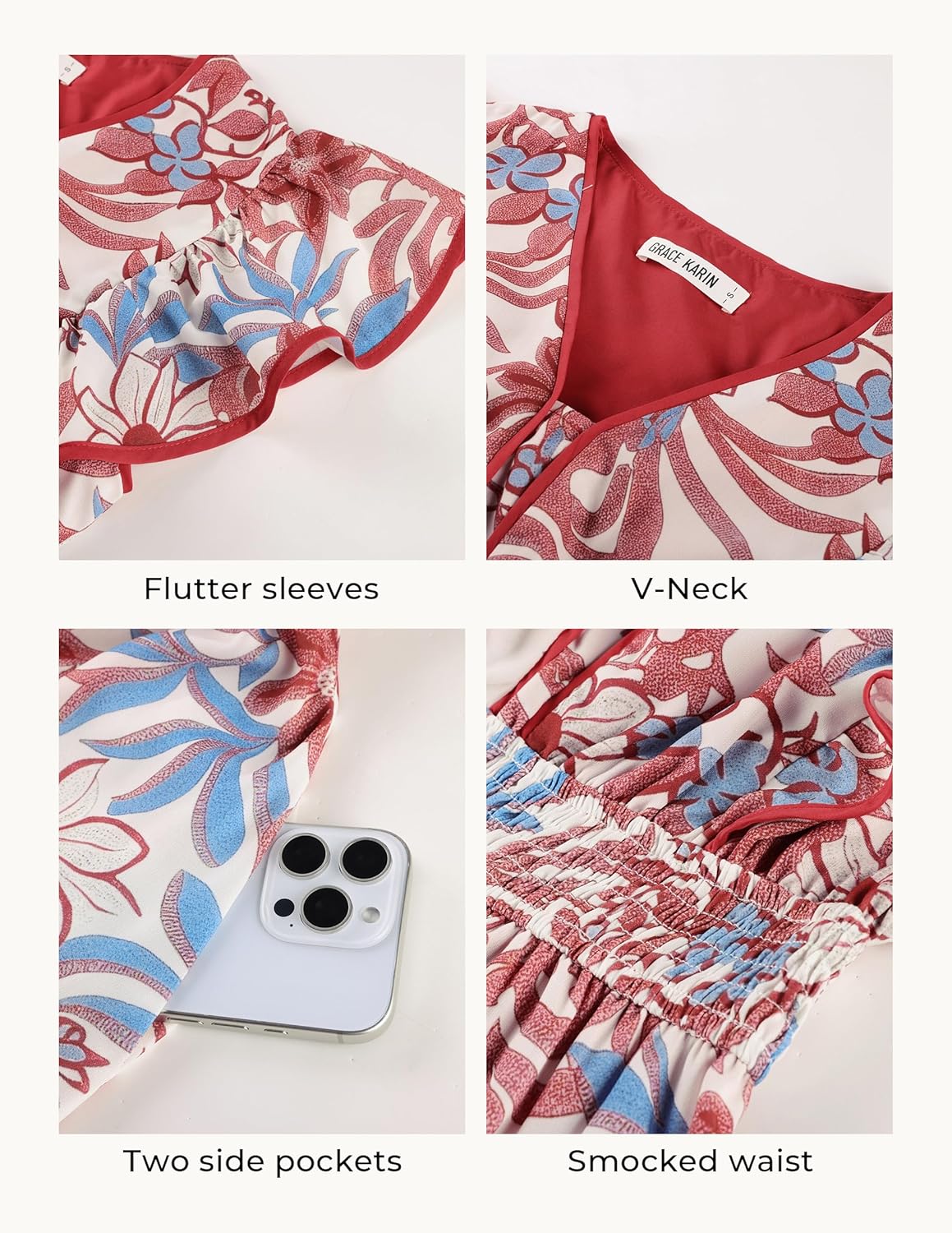 Detalle de GRACE KARIN Robe florale à manches courtes et volants pour femme — Élégance légère et confort