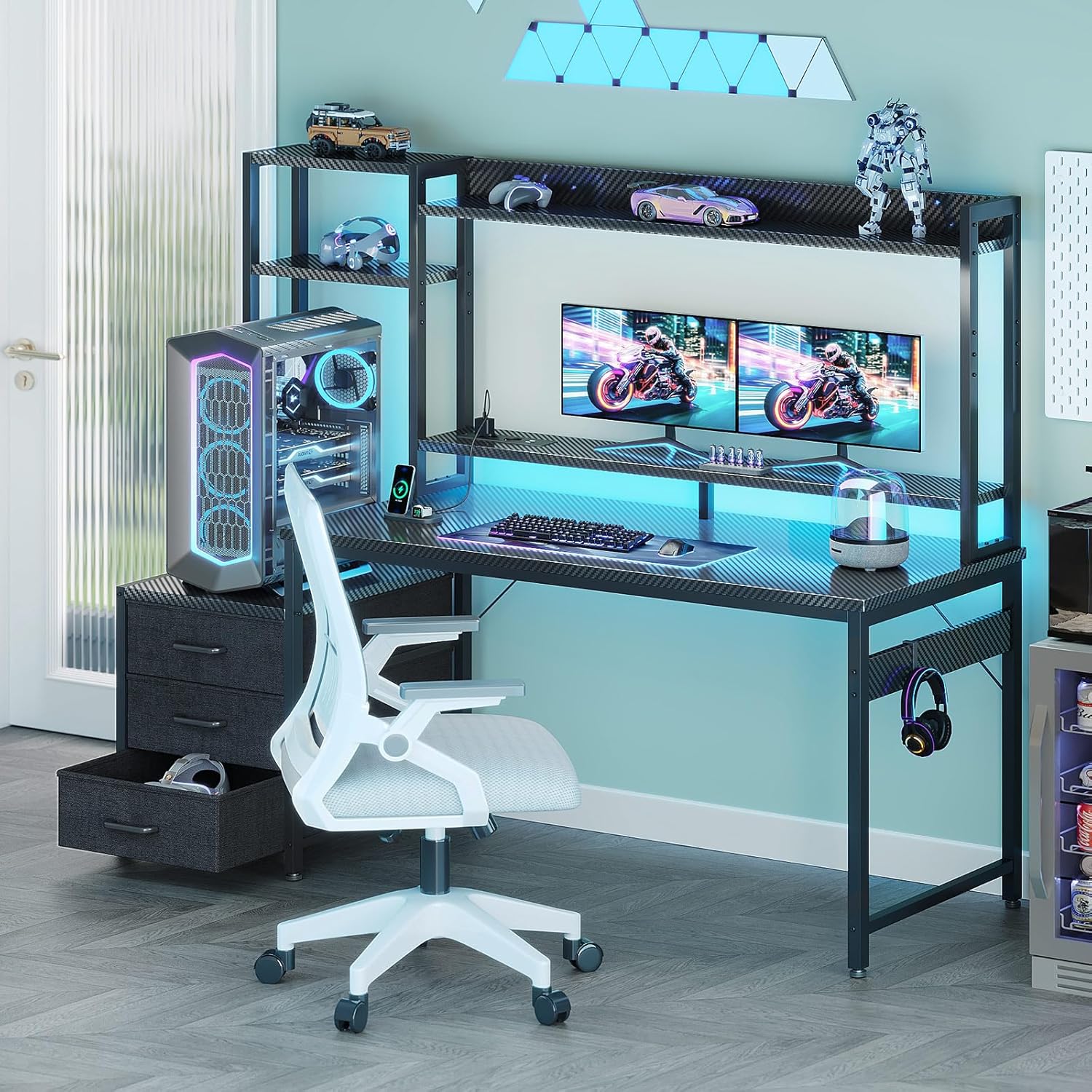 Thumbnail 6 de Coleshome Scrivania Gaming con libreria e cassetti, LED e presa di corrente, 137×48 cm (nero fibra di carbonio)
