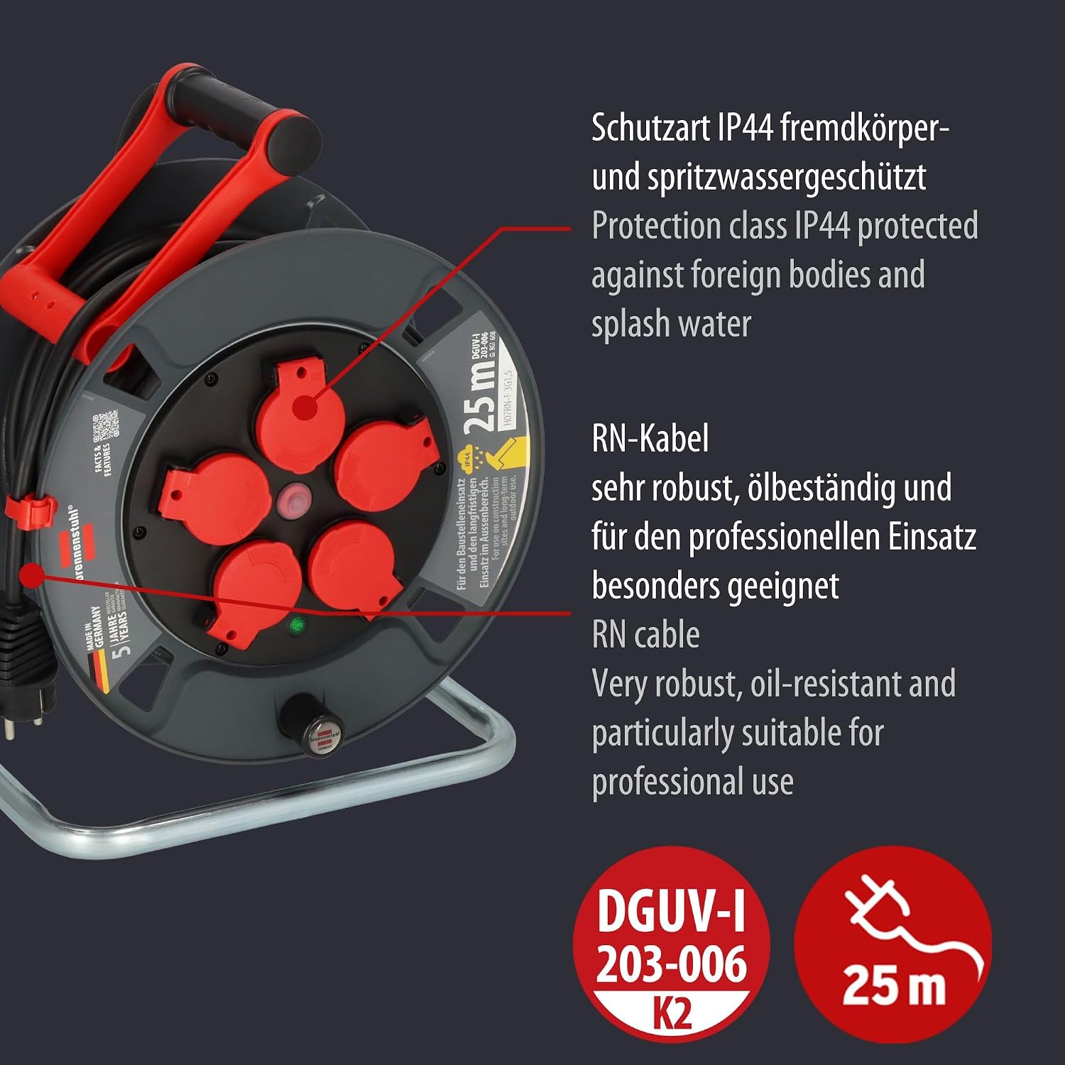 Detalle de Brennenstuhl Enrouleur de câble professionnel 300 KU - 25 m, extérieure/chantier, 5 prises étanches