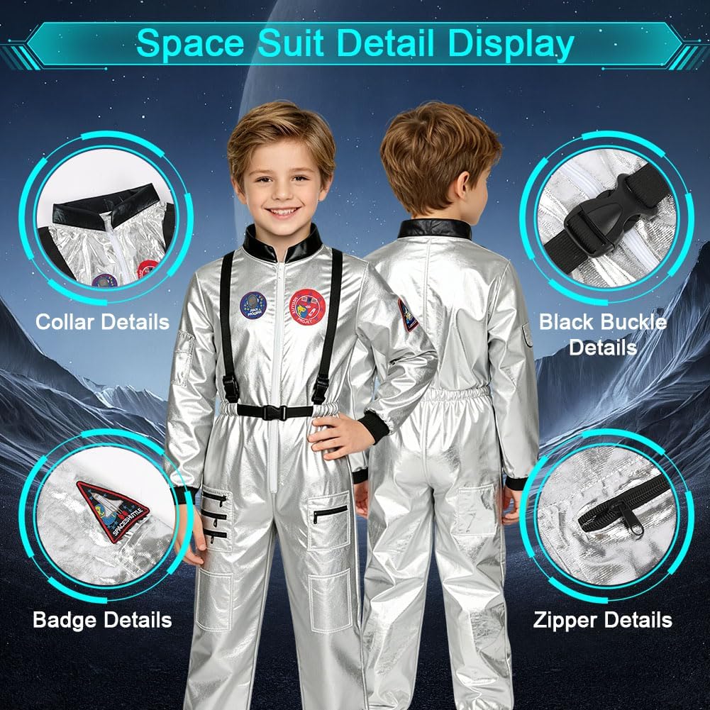 Detalle de AUYAO astronautenkostuum voor kinderen met zilveren overall en ritssluiting