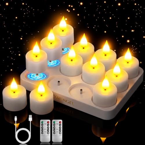Detalle de YAUNGEL 12er LED-Teelichter, wiederaufladbar mit Ladestation, Timer und Fernbedienung