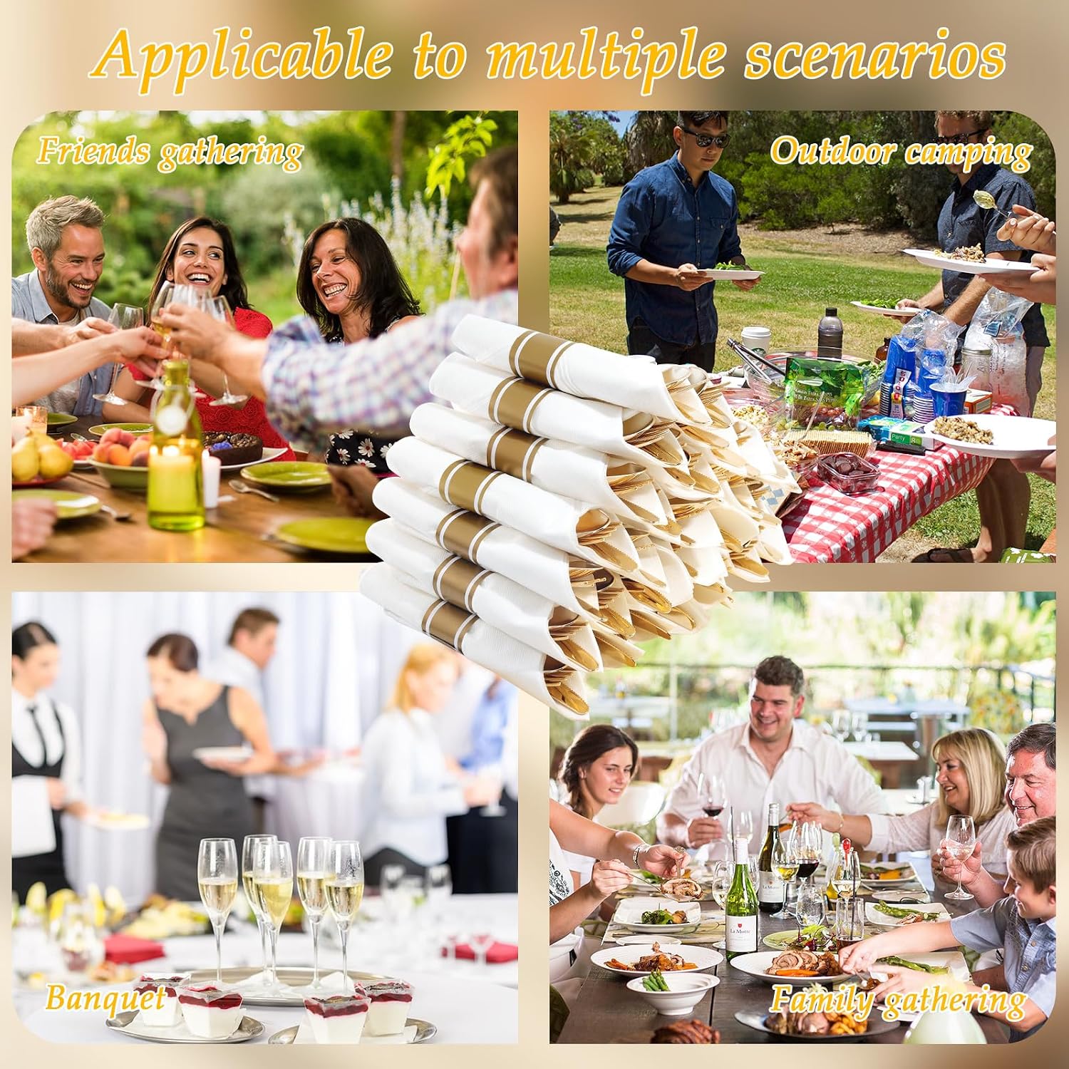 Detalle de Supernal 120Pack Gold Plastic Silverware Wrapped with Napkin