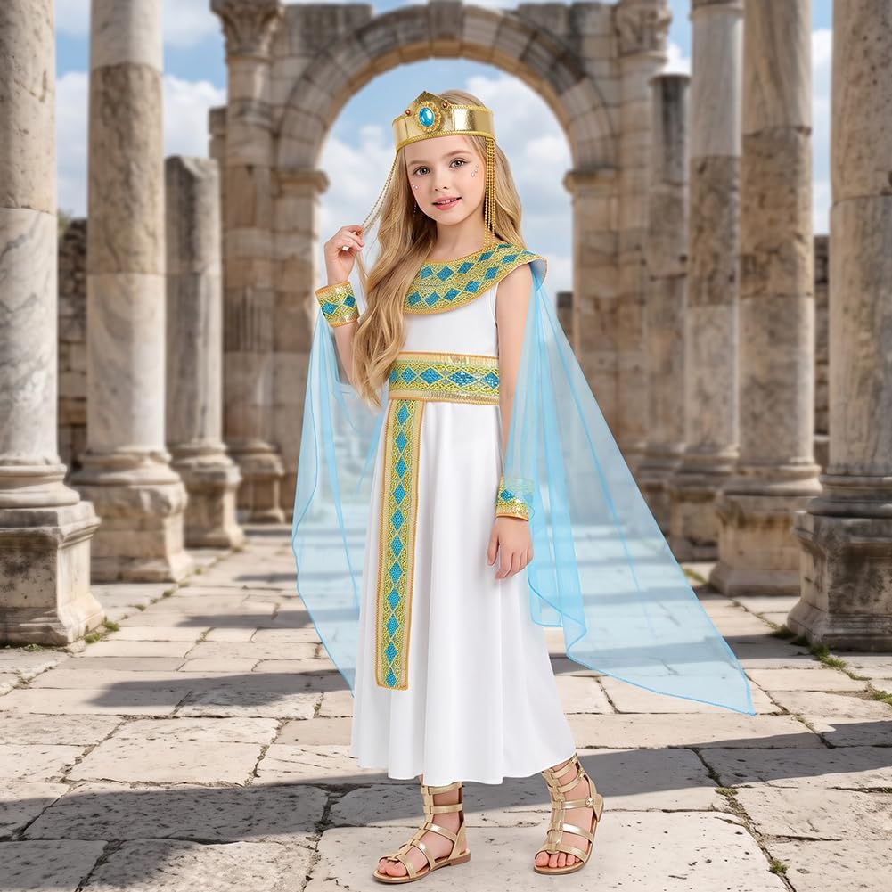 Detalle de AUYAO Egyptisch Cleopatra-kostuum voor meisjes, 6-delig, wit polyester
