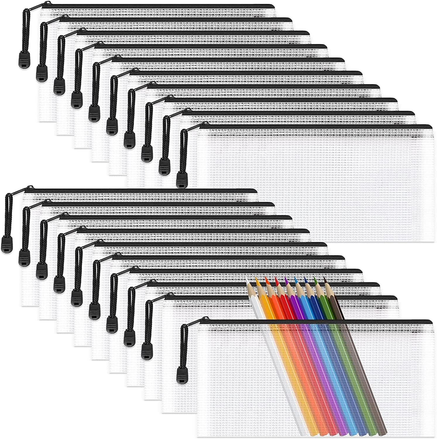 Thumbnail 6 de A6 Mesh Pencil Pouch Zipper File Bags (12 Pack) – Clear PVC Waterproof Storage Wallets, Black