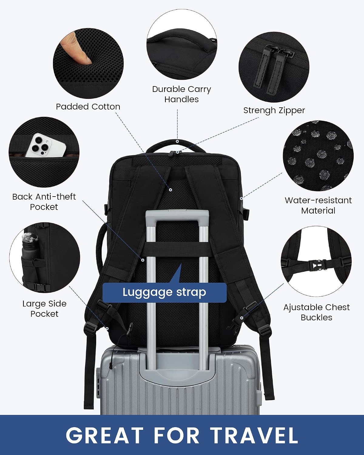 Detalle de LOVEVOOK Zaino da Viaggio 40L: Zaino da Cabina impermeabile con porta PC 17,3" per Viaggiatori Pratici
