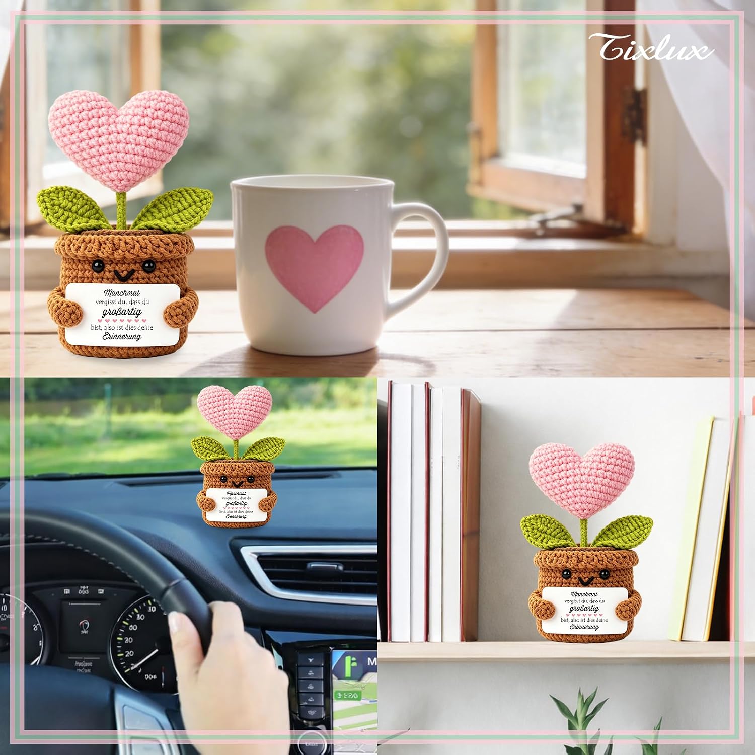 Thumbnail 6 de Tixlux Pocket Hug Positive Herzpflanzen-Figur – handgenähte Strickwolle Herzpflanze mit Mini-Glücksbringer