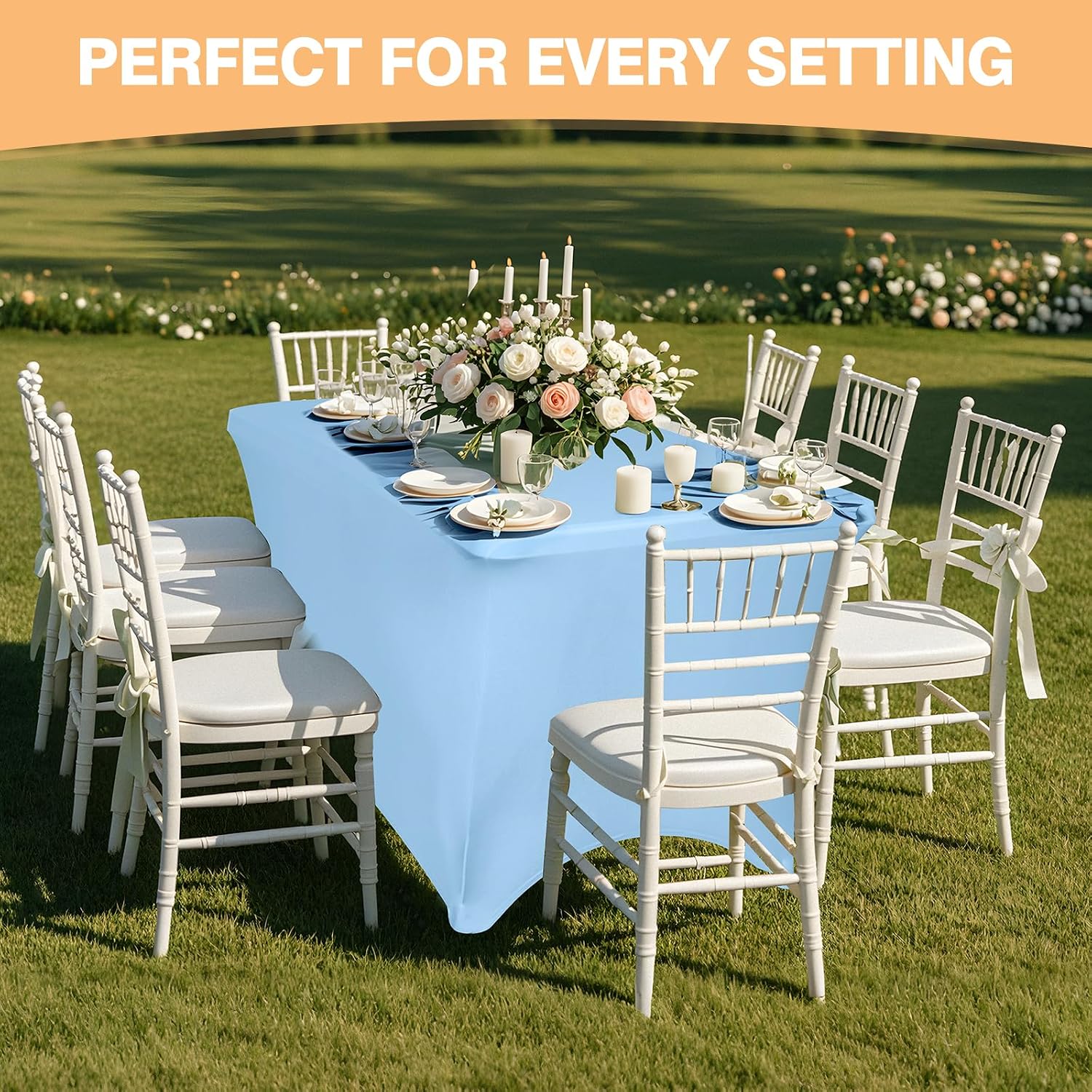 Detalle de 2 Pack 6-Foot Light Blue Spandex Tablecloth (Rectangular Tables) — Fitted Stretch, Wrinkle-Resistant, Washable
