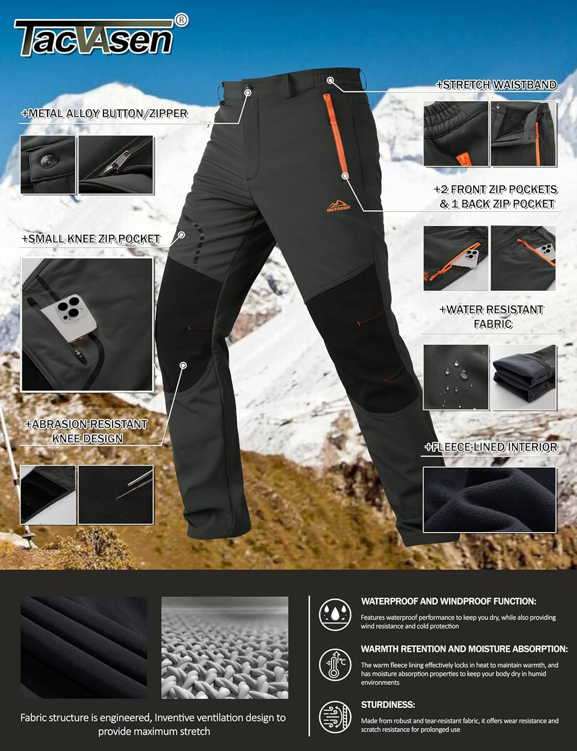 Detalle de TACVASEN Men's Outdoor Winter Trousers: Fleece Softshell, Wind and Water-Resistant Hiking Trousers