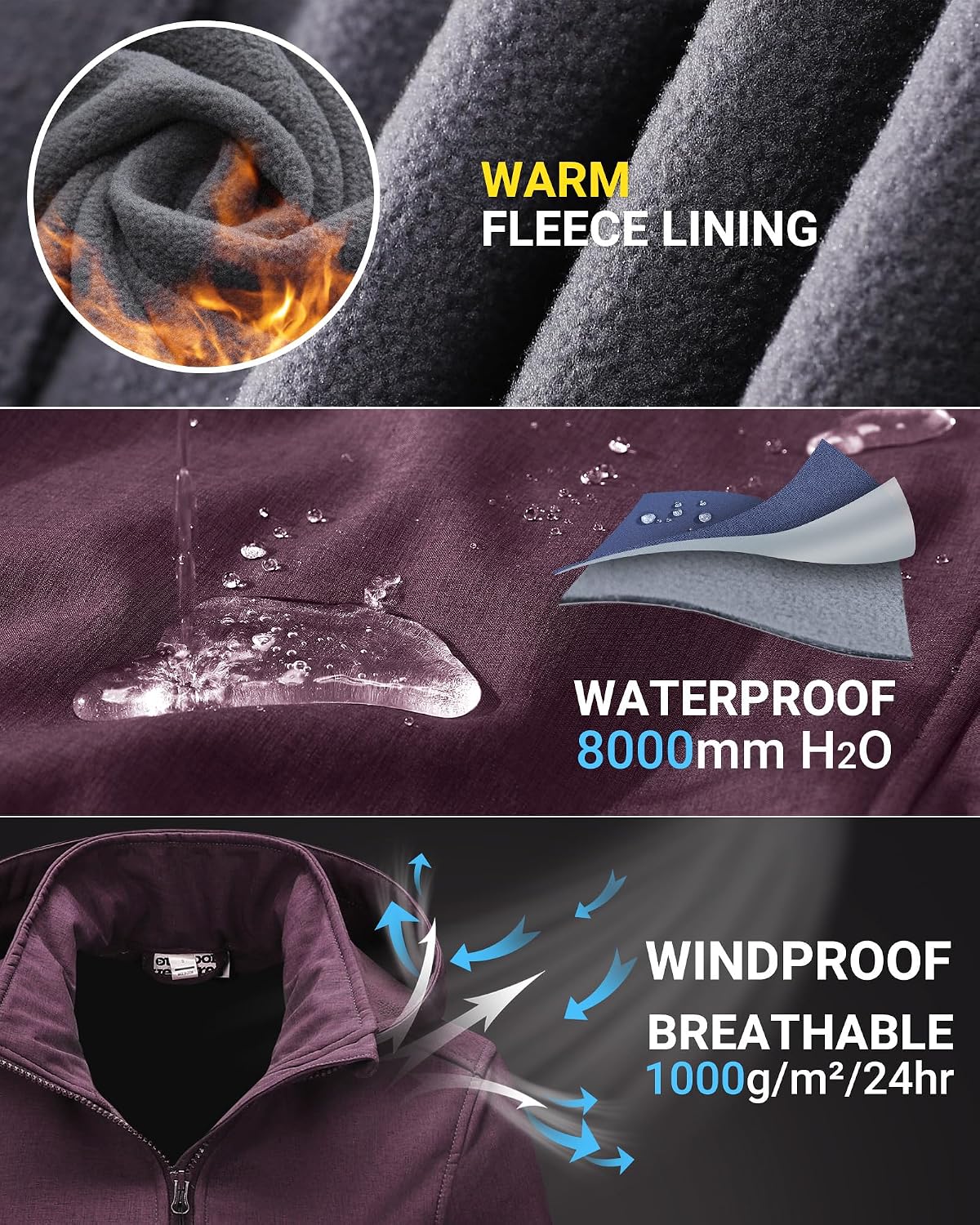Detalle de Outdoor Ventures Damen Softshelljacke – kurze, gefütterte Regenjacke mit abnehmbarer Kapuze
