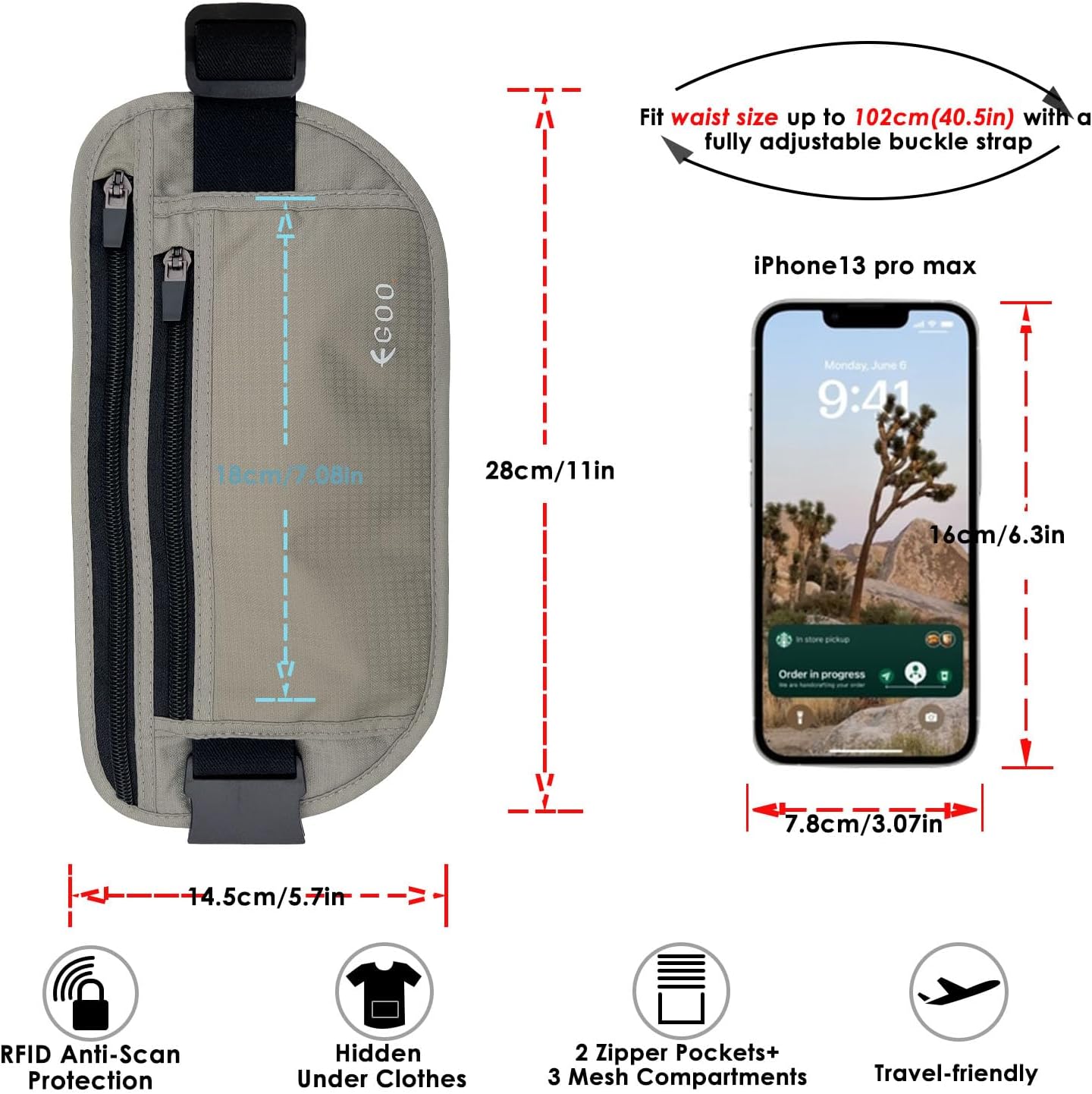 Detalle 2 de Egoo Ultralight RFID Money Belt with Adjustable Elastic Strap (Grey) + 3 RFID Card Protector Sleeves