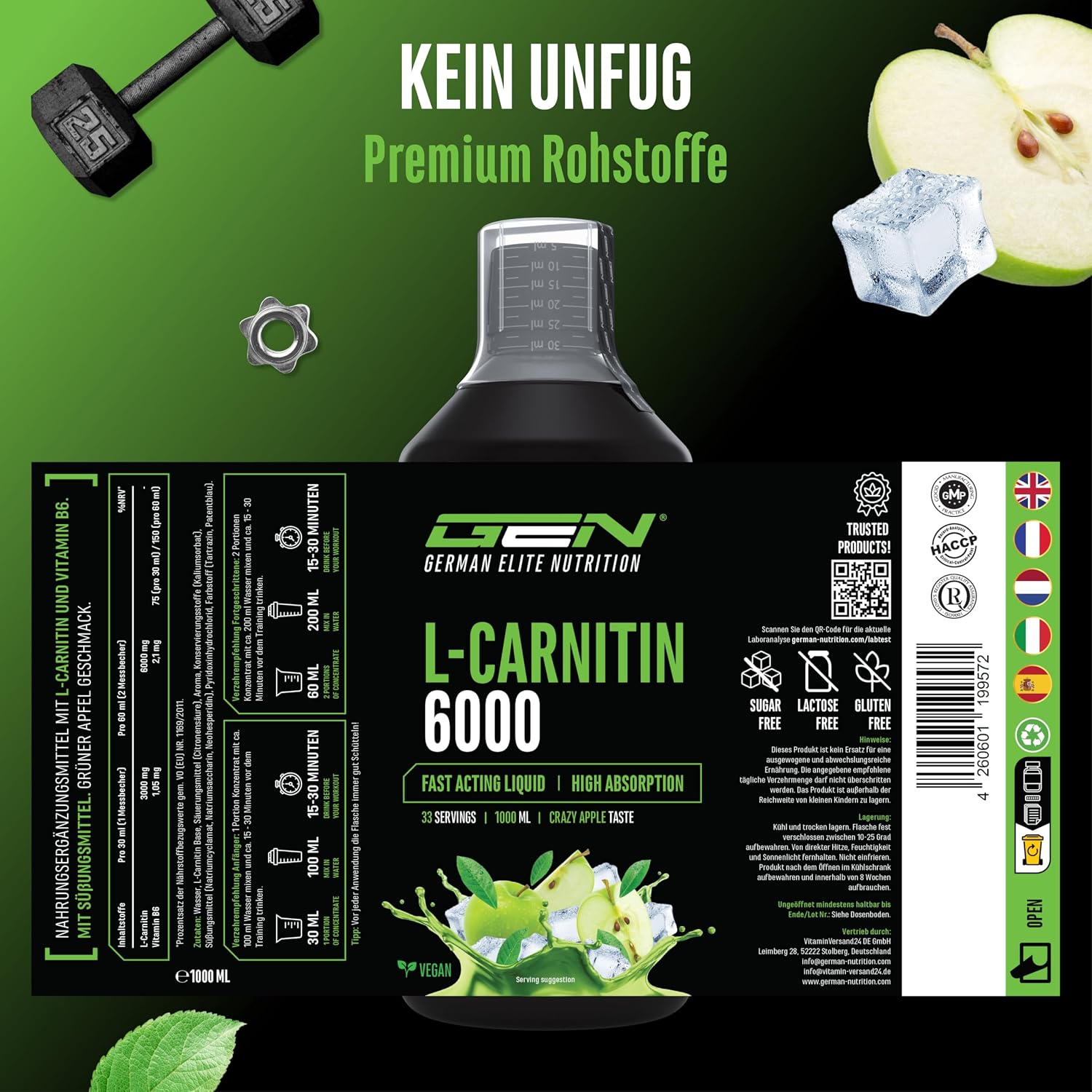 Detalle 2 de L-Carnitine 6000 Liquid (Cherry Madness) – 1.000 ml Extra hochdosiert mit 6.000 mg L-Carnitin pro Tagesportion
