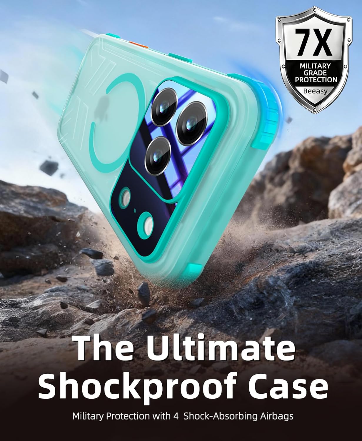 Detalle 2 de Beeasy Cover Impermeabile IP68 per iPhone 17 Pro Max 6,9" - Blu, MagSafe e Protezione Militare
