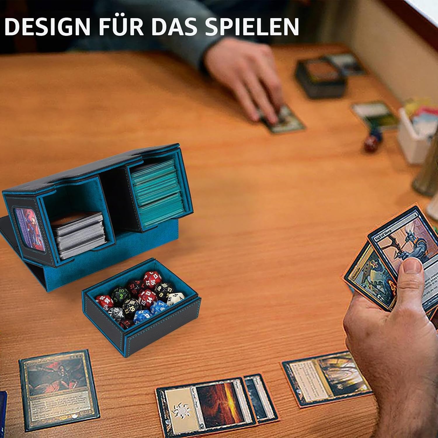 Detalle 2 de AFIING MTG Commander Kartenbox 3-in-1 – Magnetbox mit Commander-Fenster, Dicebox & Trennwänden