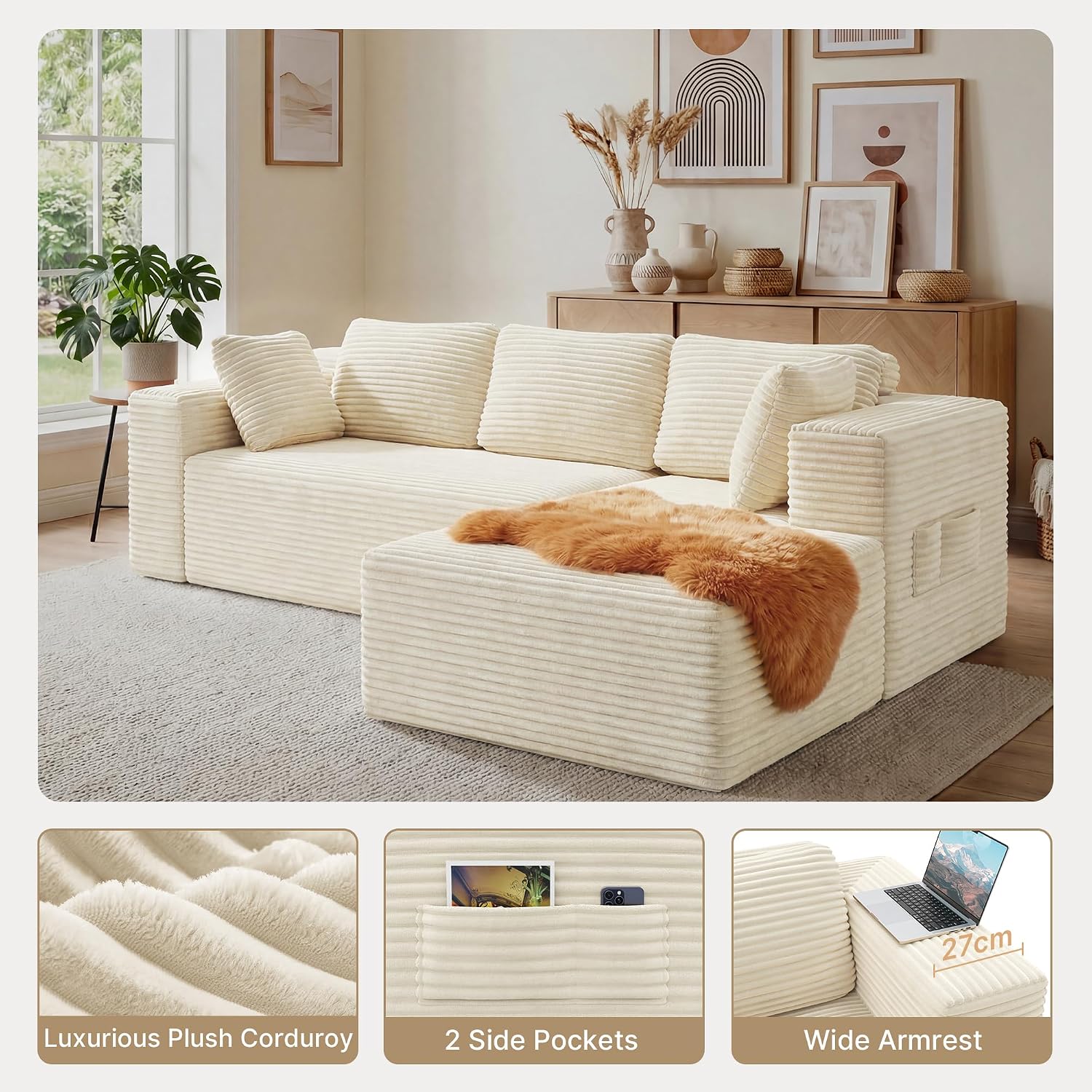 Detalle 1 de Xbro AR35 hoekzetel, 3-zits in L-vorm met chaise longue rechts, beige ribstof