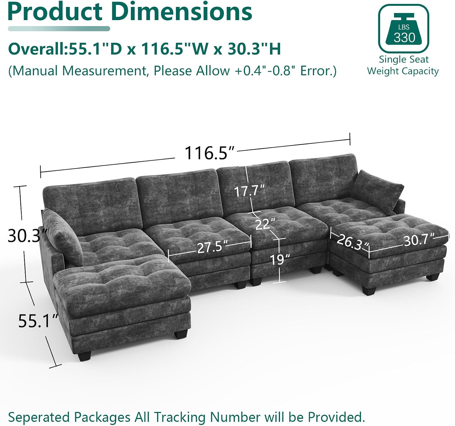 Detalle 2 de OhaiAura Couch Modular Sectional Sofa, U-Shaped Tufted, Dark Gray Chenille