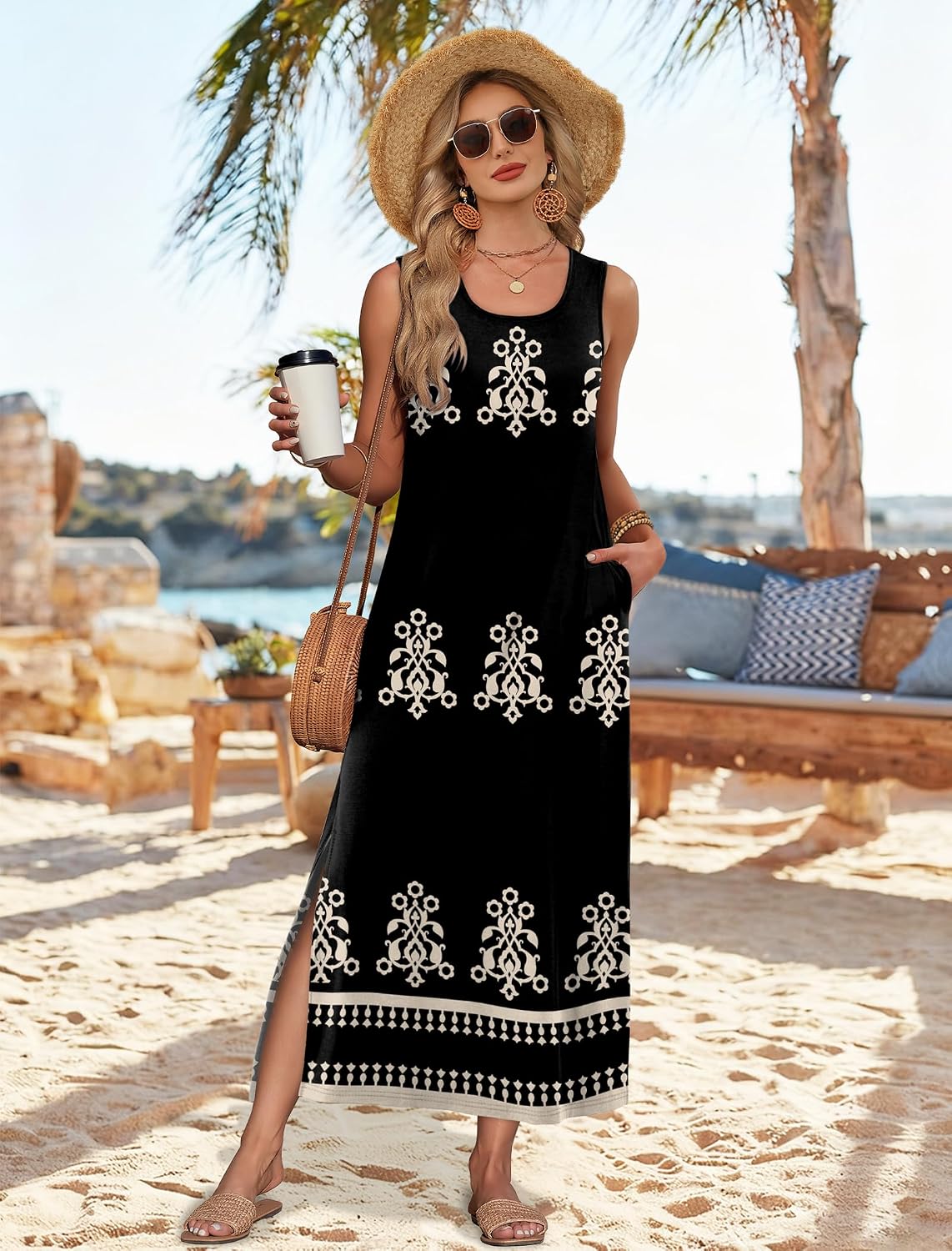 Detalle de WIHOLL Maxi Dress: Beach-Ready Sleeveless Sundress with Pockets (S-3XL)