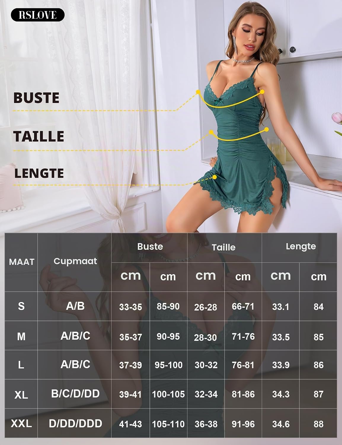 Detalle 1 de RSLOVE kanten babydoll voor dames met plooidetails en hoge zijsplit