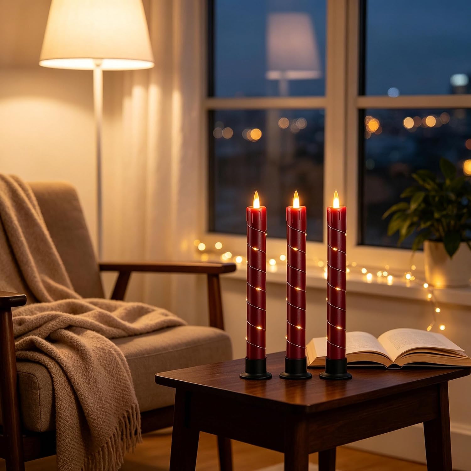 Detalle de Da by 3 Candele LED Rosse con Luci Fatate Avvolgenti e Telecomando – Set da 3