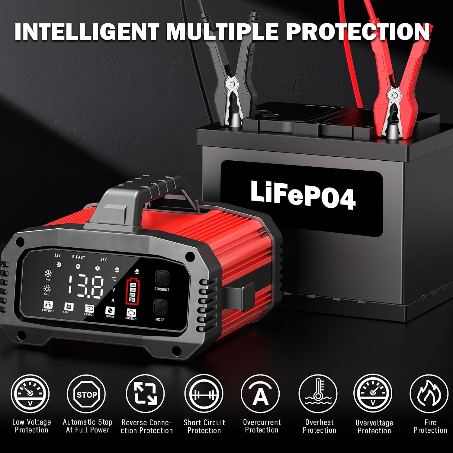 Detalle 2 de Caricabatterie auto 12V 25A / 24V 15A con BOOSTER e funzioni per LiFePO4, AGM, Gel, SLA