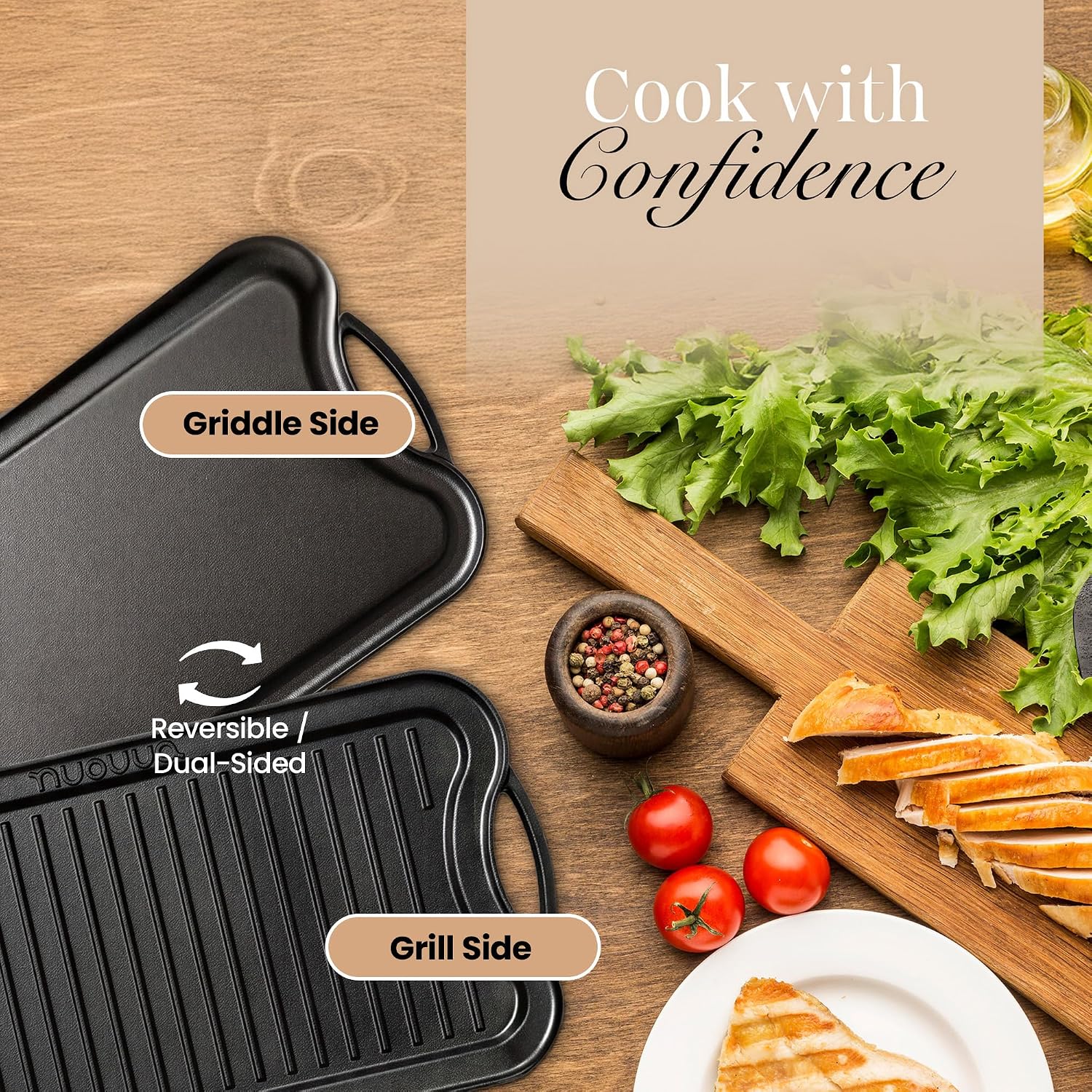 Detalle de Nuovva Cast Iron Griddle Pan for Gas Hob & BBQ – Double‑Sided, Pre‑Seasoned