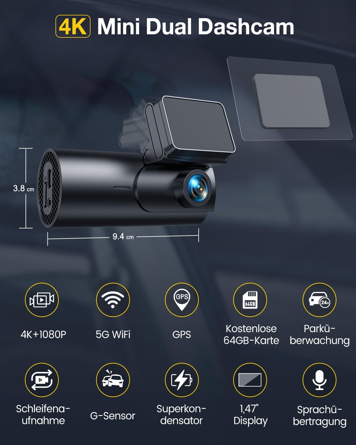 Detalle 2 de GKU 4K Dashcam Dual mit 64GB Speicher