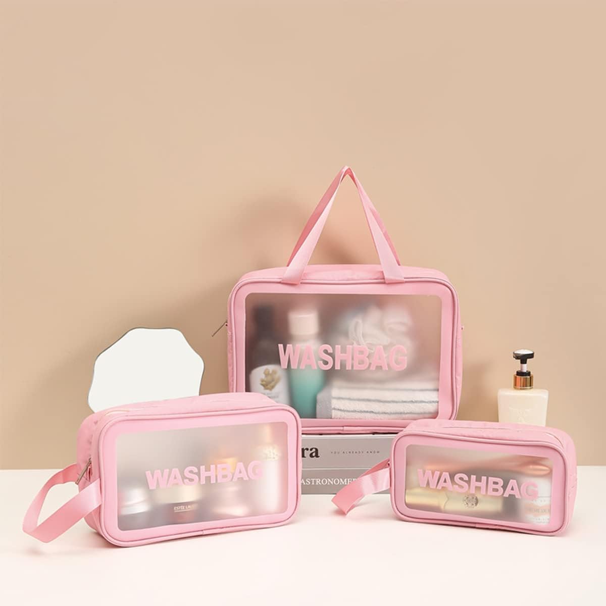 Thumbnail 2 de LEcylankEr Transparentes Kosmetiktaschen-3er-Set – Wasserdicht, faltbar, Rosa